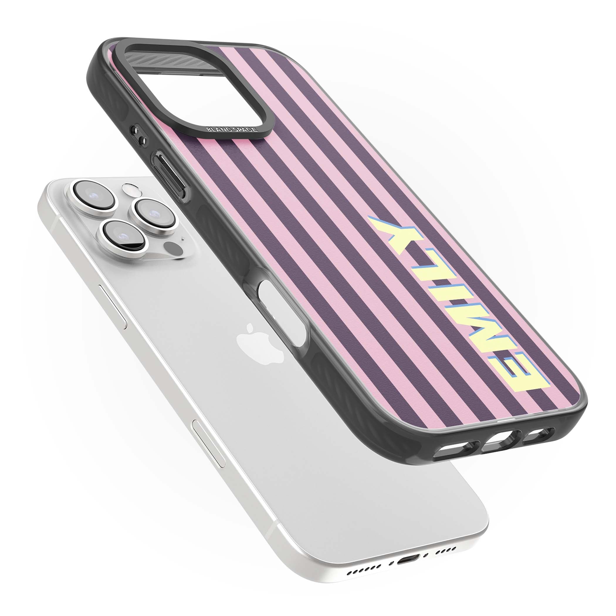 Tyre Stripe personalised stripe iPhone case with plum and pink vertical stripes and custom yellow name | Black Impact Magsafe case for iPhone 16 Pro, iPhone 16 Pro Max