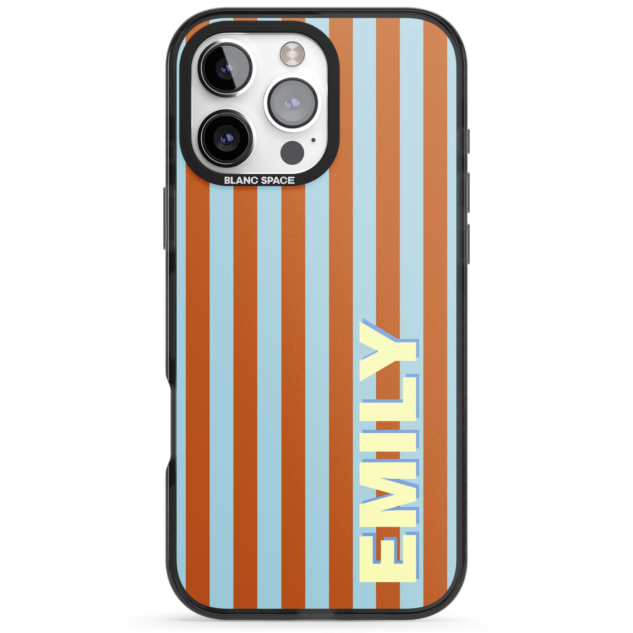 Cappadocia Stripe personalised coastal iPhone case featuring blue and orange vertical stripes with custom cream name | Black Impact Magsafe case for iPhone 16 Pro, iPhone 16 Pro Max