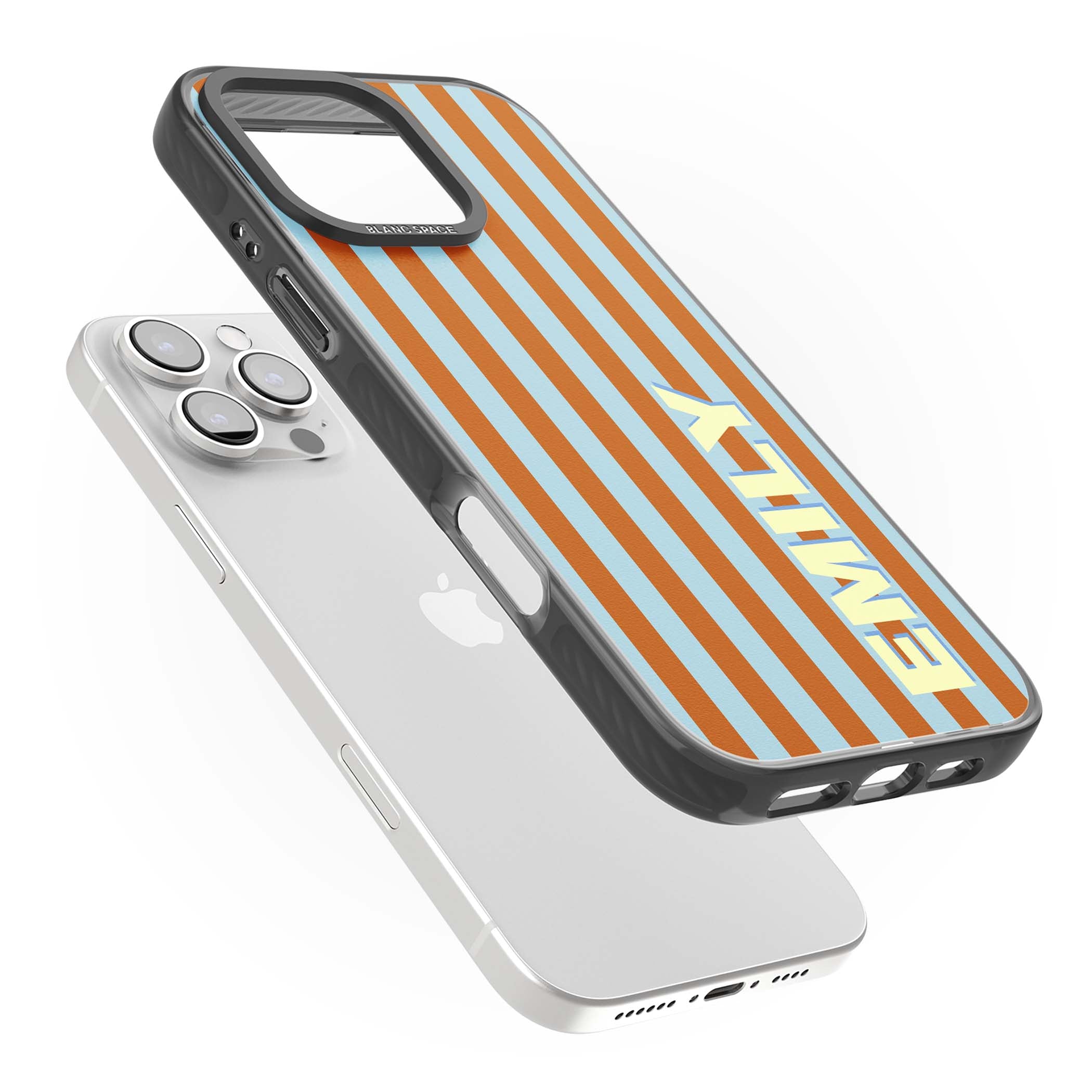 Cappadocia Stripe personalised coastal iPhone case featuring blue and orange vertical stripes with custom cream name | Black Impact Magsafe case for iPhone 16 Pro, iPhone 16 Pro Max