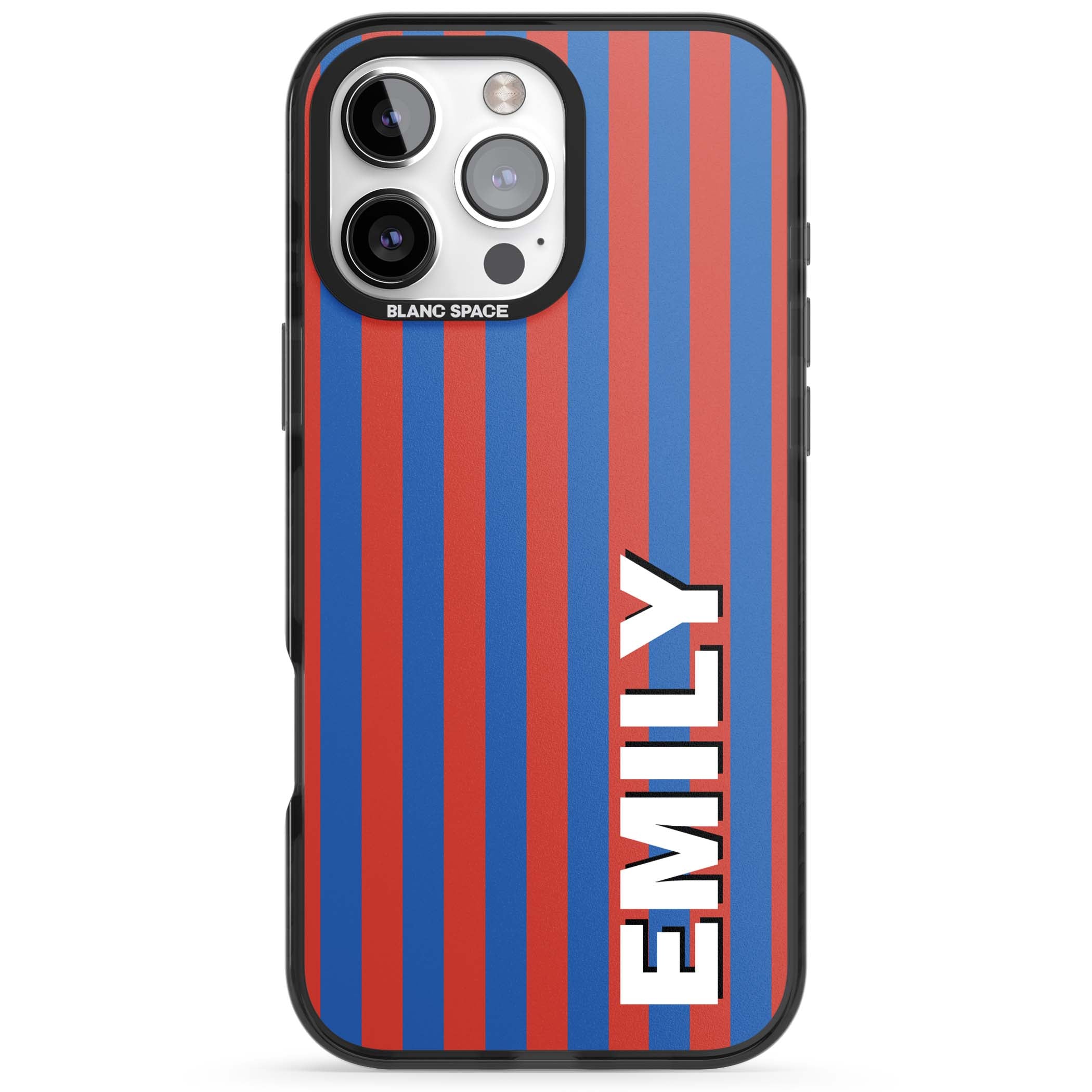 Cuban Stripe personalised iPhone case featuring red and blue vertical stripes with custom name in bold white letters | Black Impact Magsafe case for iPhone 16 Pro, iPhone 16 Pro Max