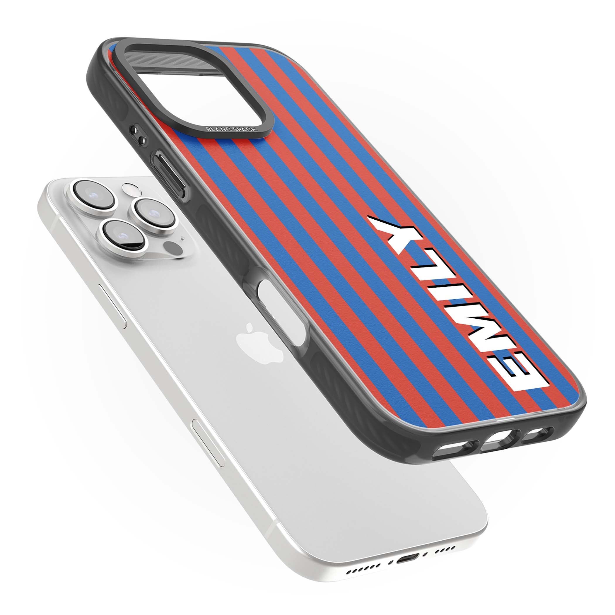 Cuban Stripe personalised iPhone case featuring red and blue vertical stripes with custom name in bold white letters | Black Impact Magsafe case for iPhone 16 Pro, iPhone 16 Pro Max