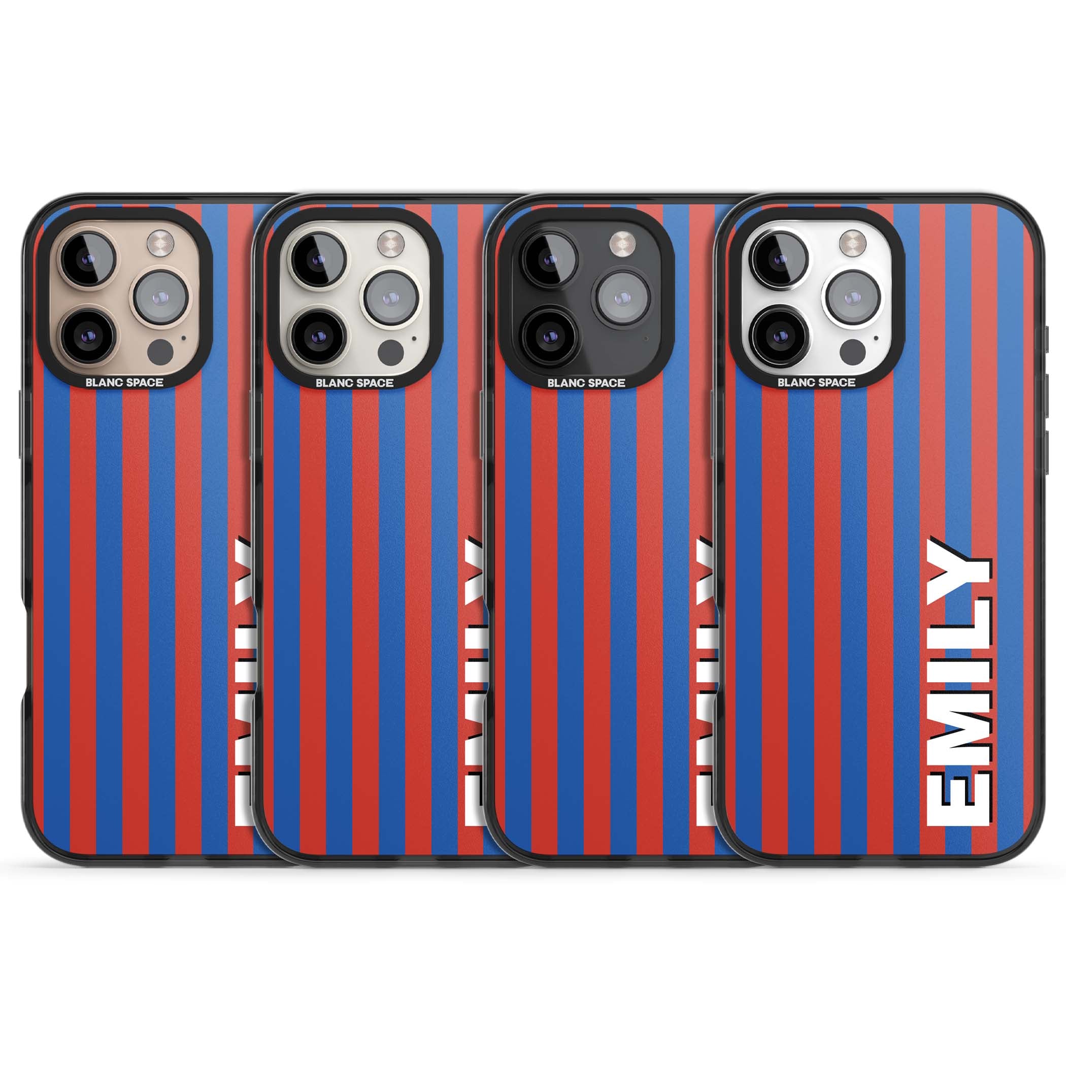 Cuban Stripe personalised iPhone case featuring red and blue vertical stripes with custom name in bold white letters | Black Impact Magsafe case for iPhone 16 Pro, iPhone 16 Pro Max