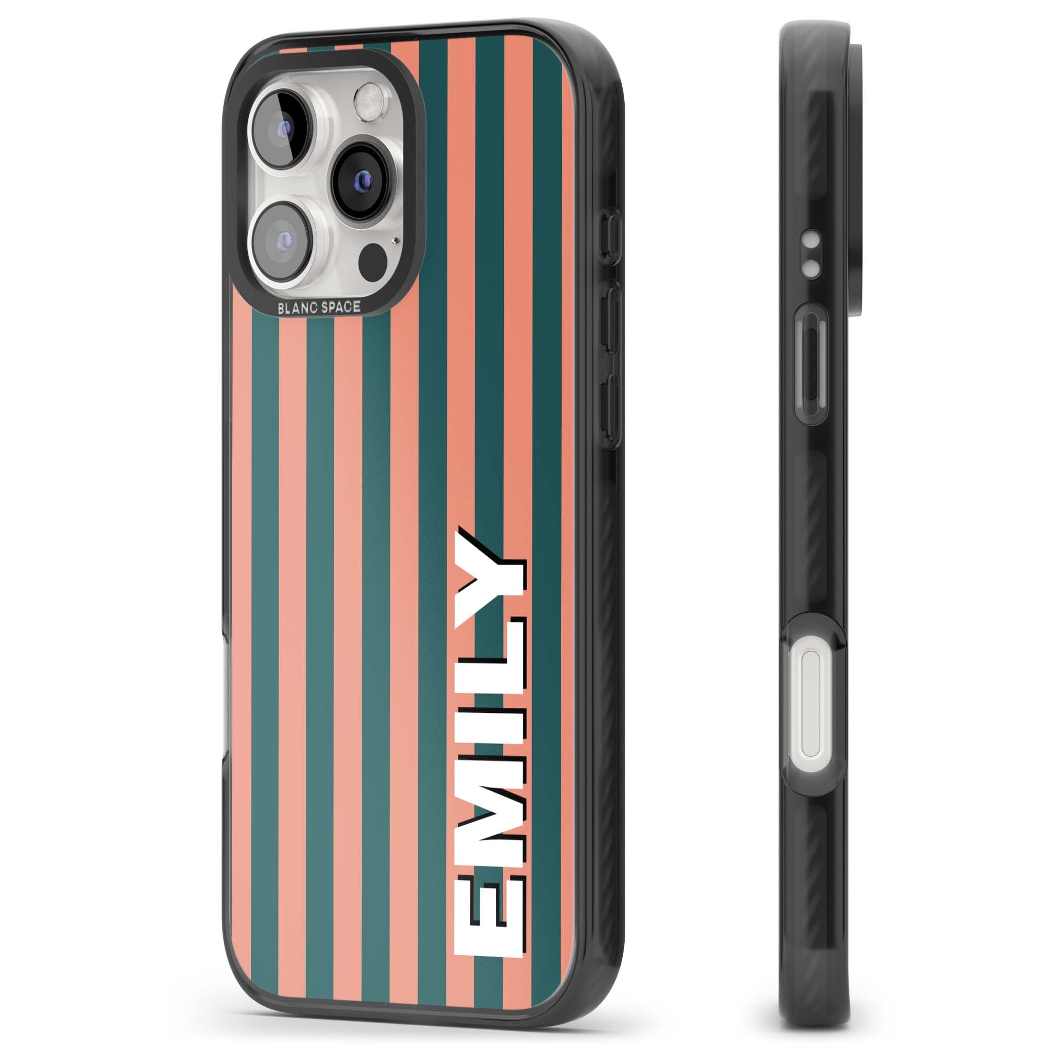 Tuscan Stripe personalised iPhone case featuring coral and green vertical stripes with bold custom name | Black Impact Magsafe case for iPhone 16 Pro, iPhone 16 Pro Max