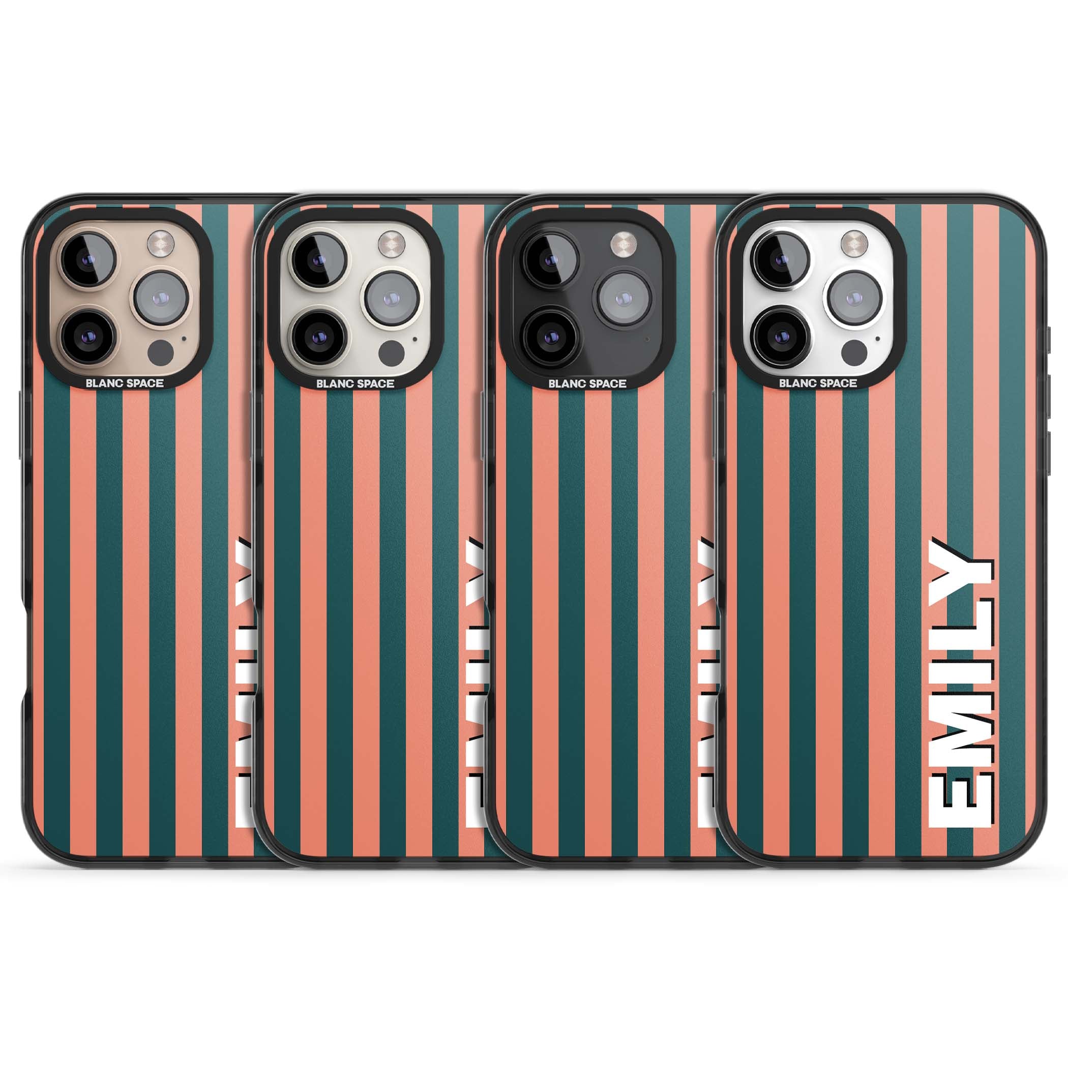 Tuscan Stripe personalised iPhone case featuring coral and green vertical stripes with bold custom name | Black Impact Magsafe case for iPhone 16 Pro, iPhone 16 Pro Max