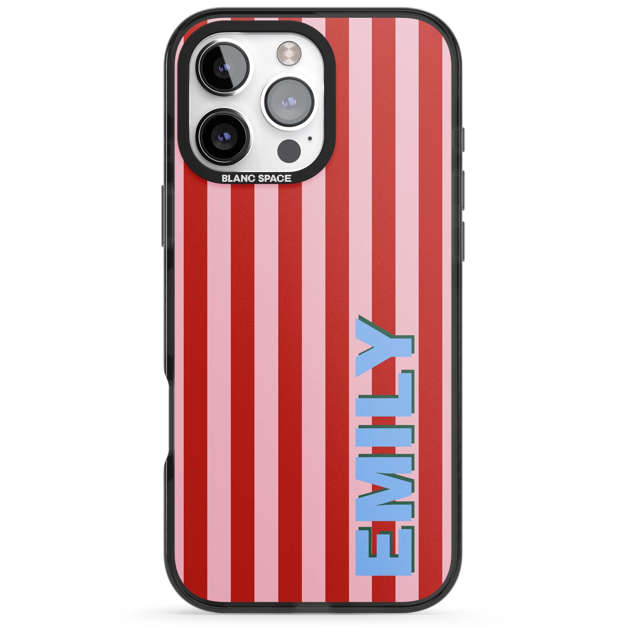 Market Stripe personalised iPhone case with red and pink vertical stripes and custom blue name | Black Impact Magsafe case for iPhone 16 Pro, iPhone 16 Pro Max