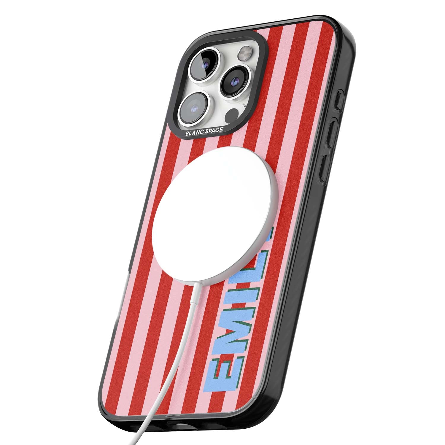 Market Stripe personalised iPhone case with red and pink vertical stripes and custom blue name | Black Impact Magsafe case for iPhone 16 Pro, iPhone 16 Pro Max