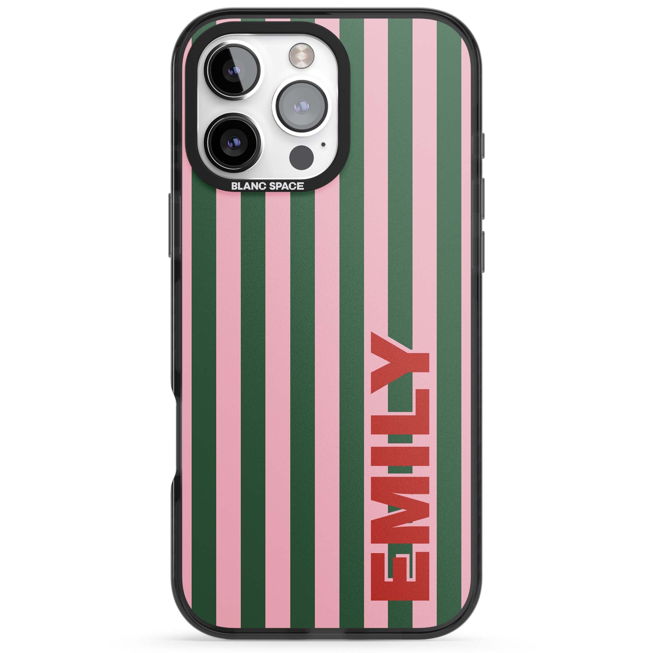 Italian Stripe preppy iPhone case featuring pink and green vertical stripes with personalised red name | Black Impact Magsafe case for iPhone 16 Pro, iPhone 16 Pro Max