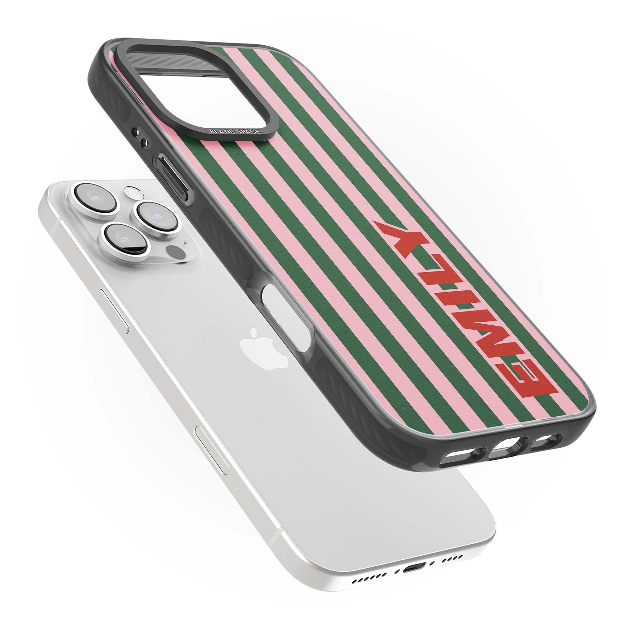 Italian Stripe preppy iPhone case featuring pink and green vertical stripes with personalised red name | Black Impact Magsafe case for iPhone 16 Pro, iPhone 16 Pro Max