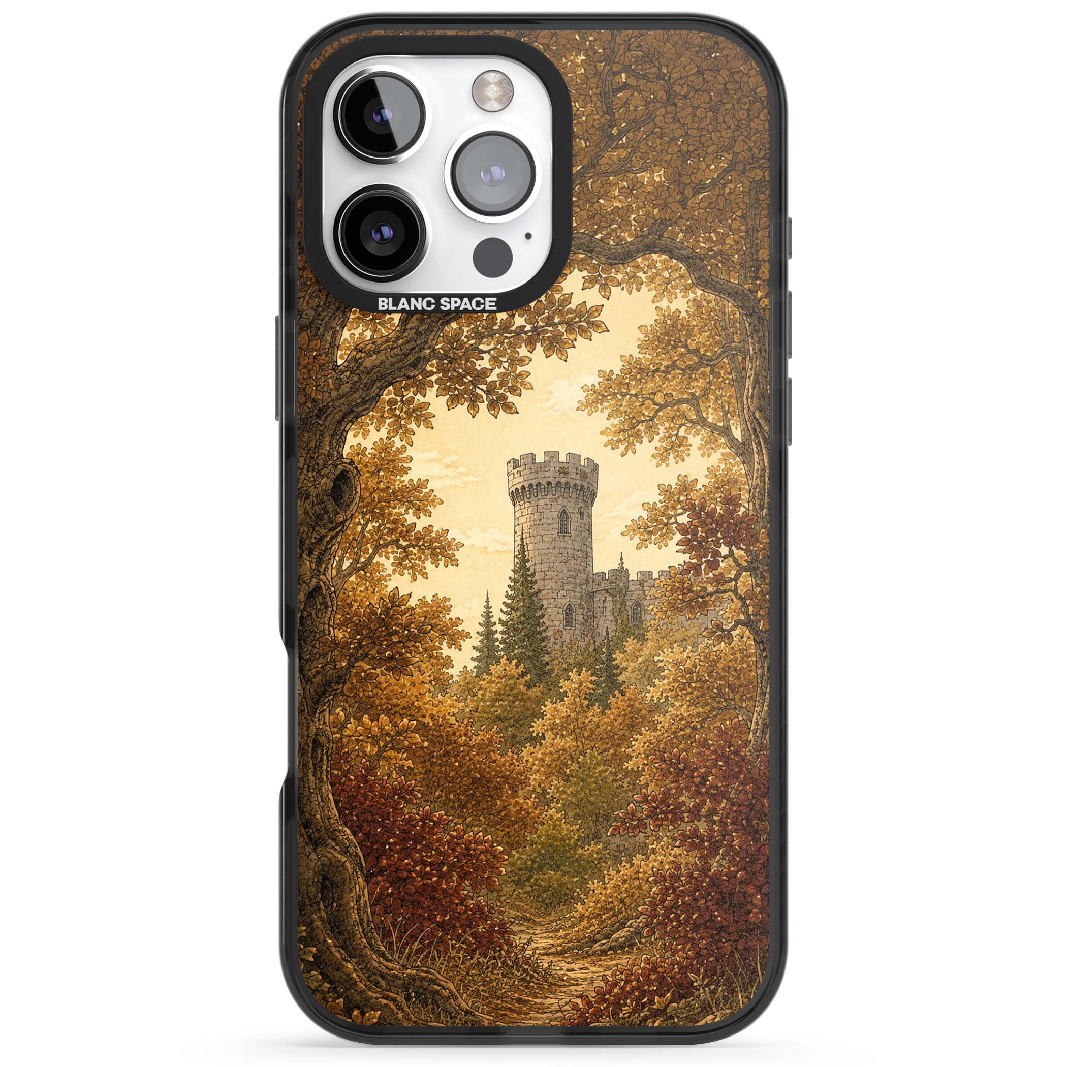 Autumn Keep cottagecore iPhone case featuring a medieval castle tower framed by golden autumn trees and woodland foliage | Black Impact Magsafe case for iPhone 16 Pro, iPhone 16 Pro Max