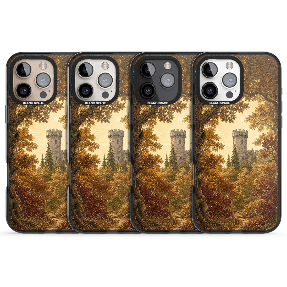 Autumn Keep cottagecore iPhone case featuring a medieval castle tower framed by golden autumn trees and woodland foliage | Black Impact Magsafe case for iPhone 16 Pro, iPhone 16 Pro Max