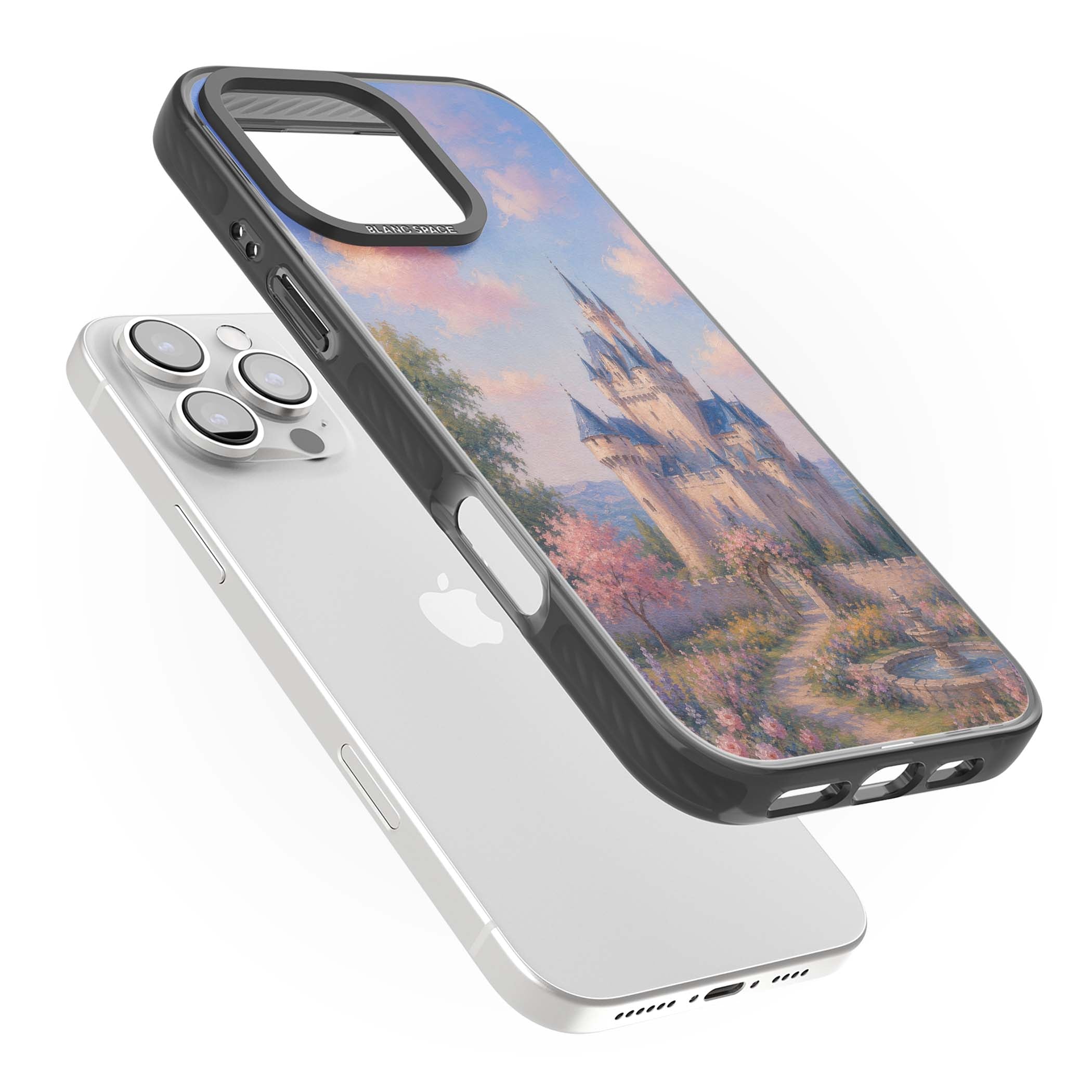 Enchanted Kingdom fairytale iPhone case featuring a romantic castle painting with cherry blossoms and pastel pink sky | Black Impact Magsafe case for iPhone 16 Pro, iPhone 16 Pro Max