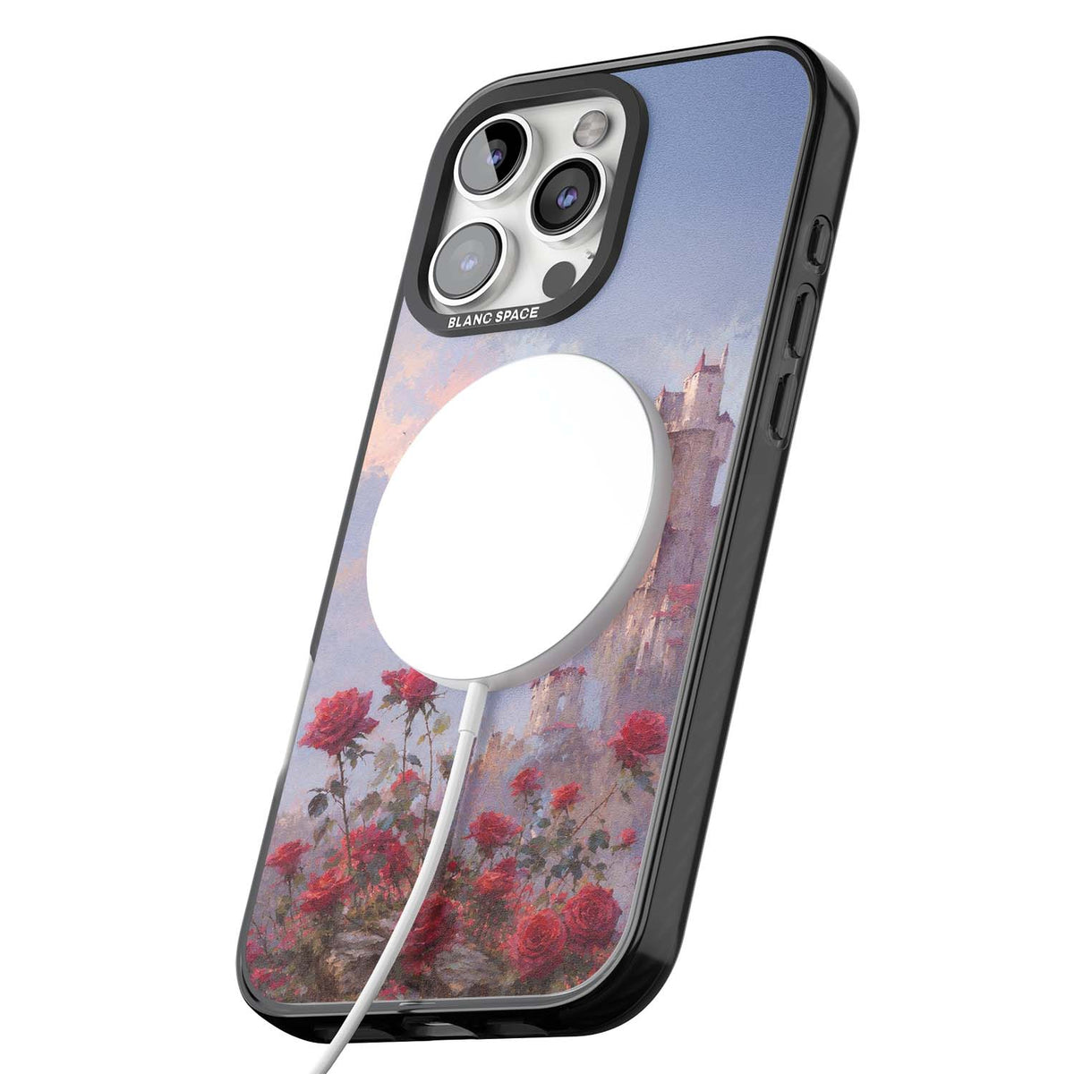 Sword in Roses medieval art iPhone case featuring a sword, red roses, and a misty fairytale castle at sunset | Black Impact Magsafe case for iPhone 16 Pro, iPhone 16 Pro Max