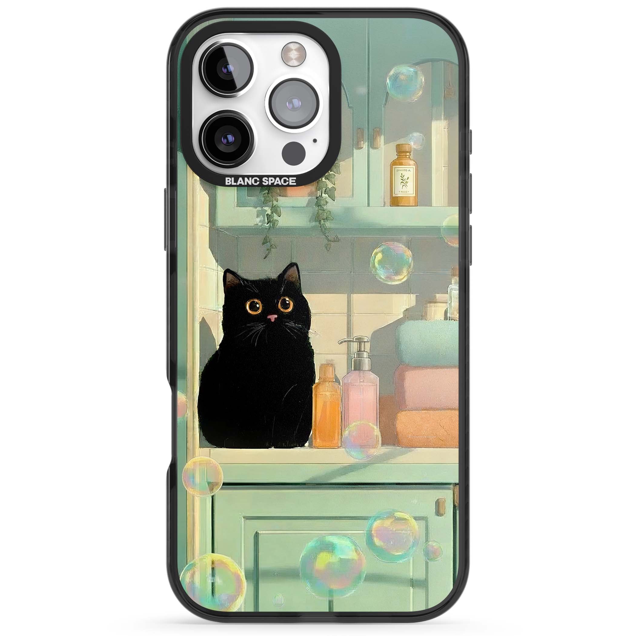 Bathroom Bubble Kitty cottagecore iPhone case featuring a black cat, mint bathroom scene and floating soap bubbles | Black Impact Magsafe case for iPhone 16 Pro, iPhone 16 Pro Max