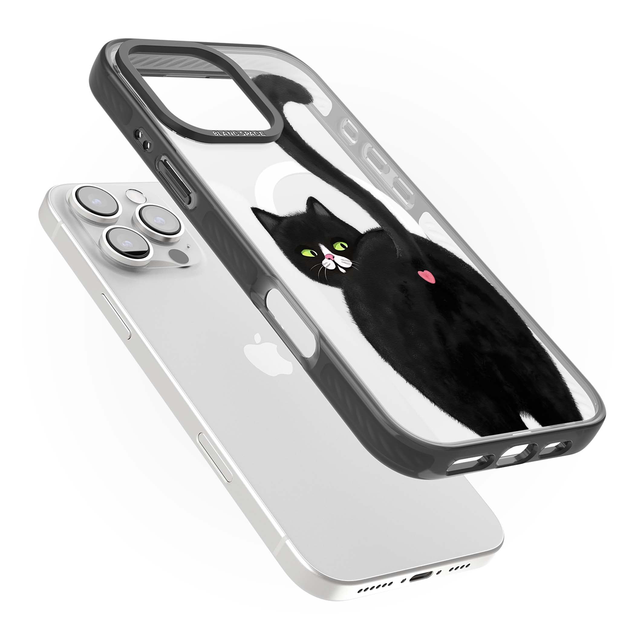 The Cat's Kiss cute cat iPhone case featuring a hand-painted tuxedo kitty with green eyes and a pink heart on a clear | Black Impact Magsafe case for iPhone 16 Pro, iPhone 16 Pro Max