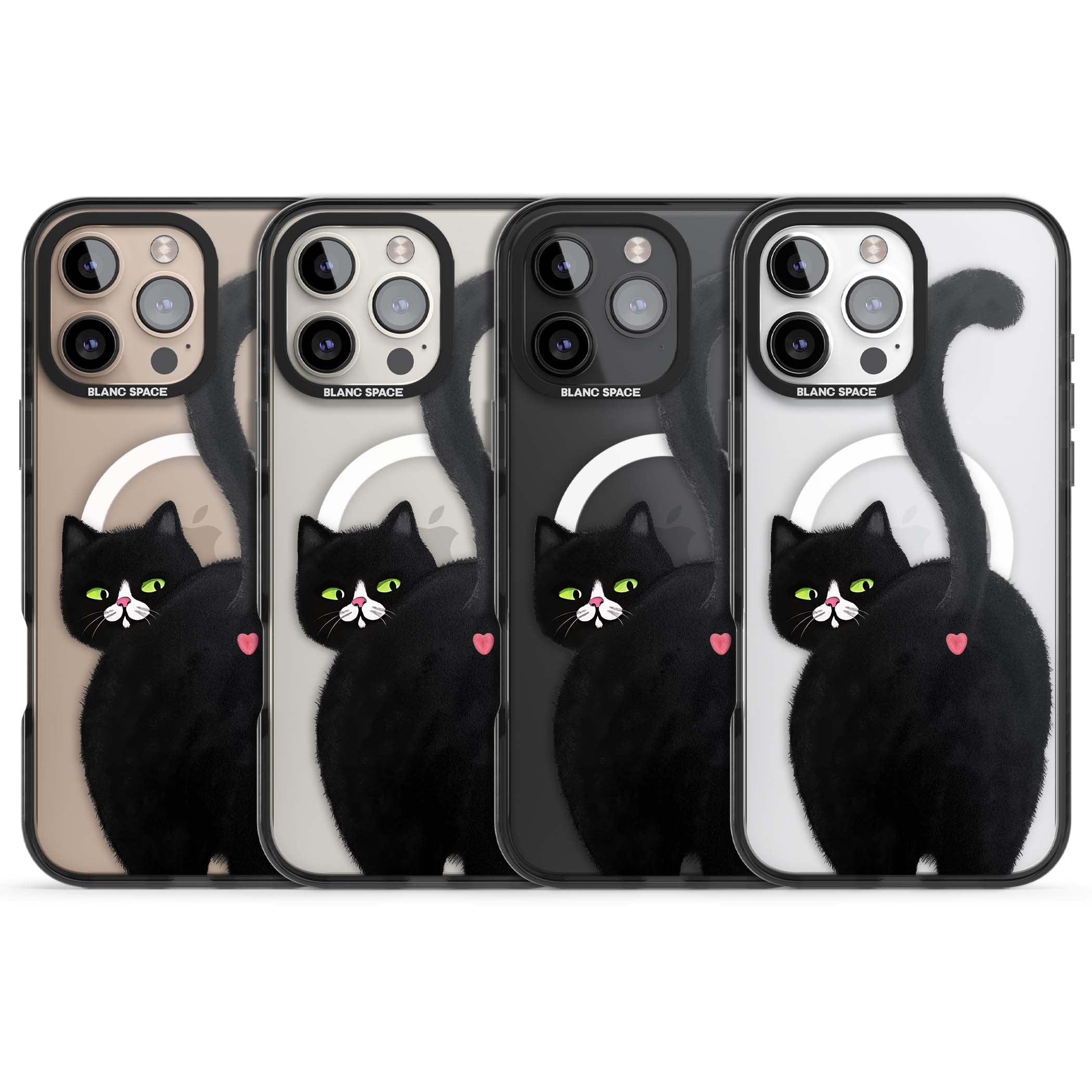 The Cat's Kiss cute cat iPhone case featuring a hand-painted tuxedo kitty with green eyes and a pink heart on a clear | Black Impact Magsafe case for iPhone 16 Pro, iPhone 16 Pro Max