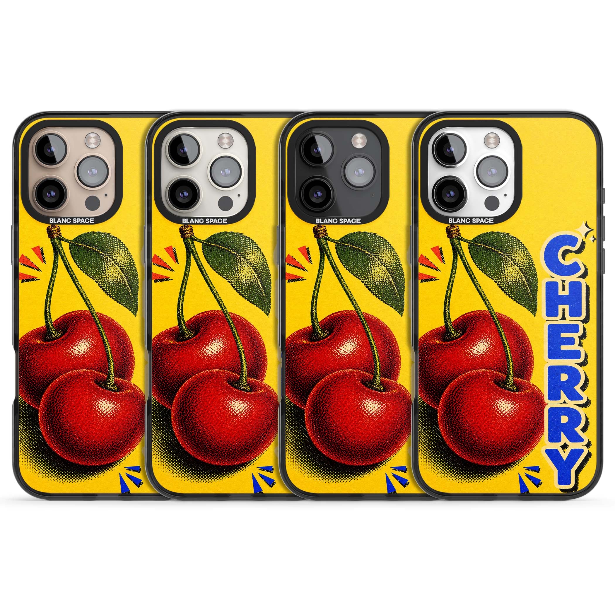 Cherry Yellow y2k iPhone case featuring two red cherries, halftone shading and bold blue CHERRY lettering on yellow | Black Impact Magsafe case for iPhone 16 Pro, iPhone 16 Pro Max