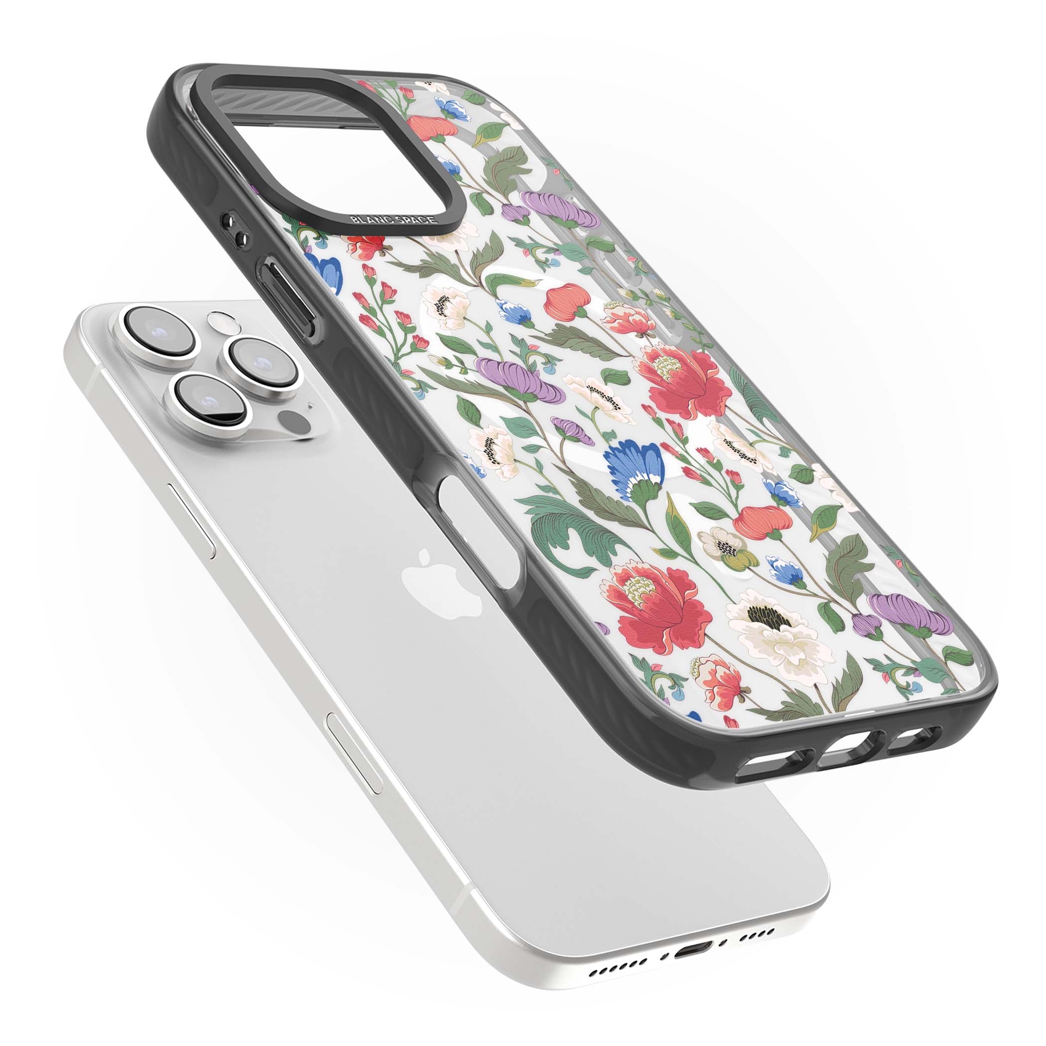 Chinoiserie Bloom vintage floral iPhone case featuring hand-painted peonies, poppies and trailing wildflowers on clear... | Black Impact Magsafe case for iPhone 16 Pro, iPhone 16 Pro Max