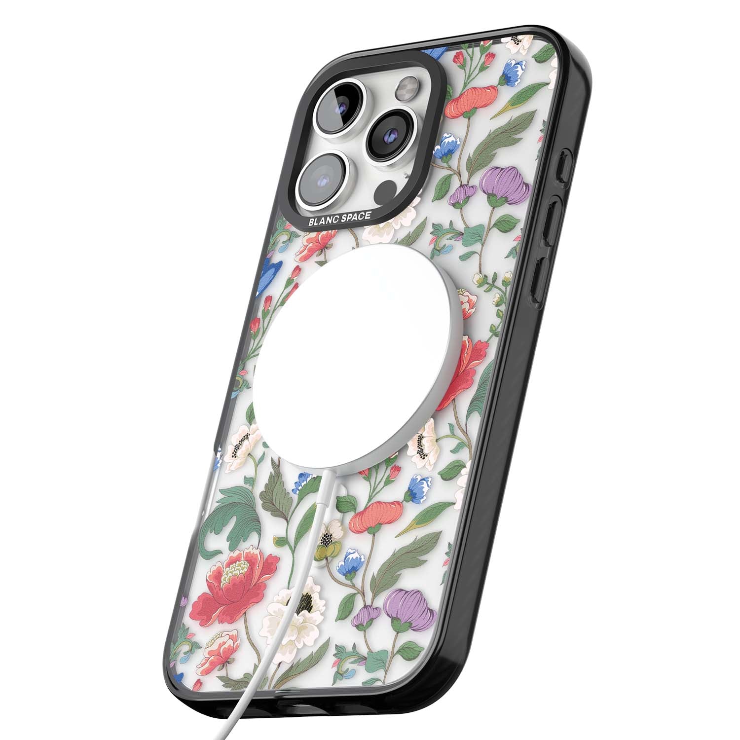 Chinoiserie Bloom vintage floral iPhone case featuring hand-painted peonies, poppies and trailing wildflowers on clear... | Black Impact Magsafe case for iPhone 16 Pro, iPhone 16 Pro Max