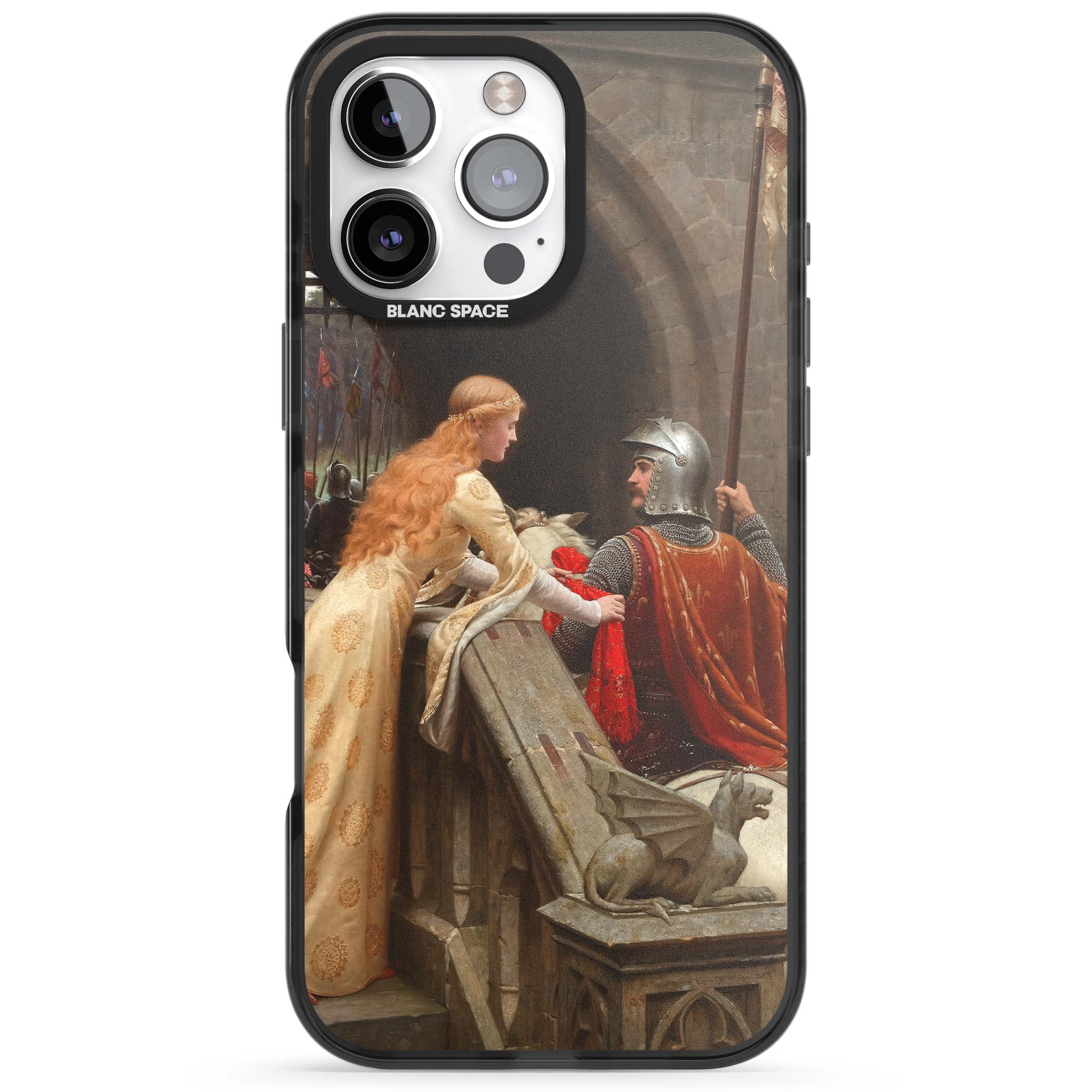 God Speed fine art iPhone case featuring Edmund Blair Leighton's medieval knight and lady beneath a stone archway | Black Impact Magsafe case for iPhone 16 Pro, iPhone 16 Pro Max