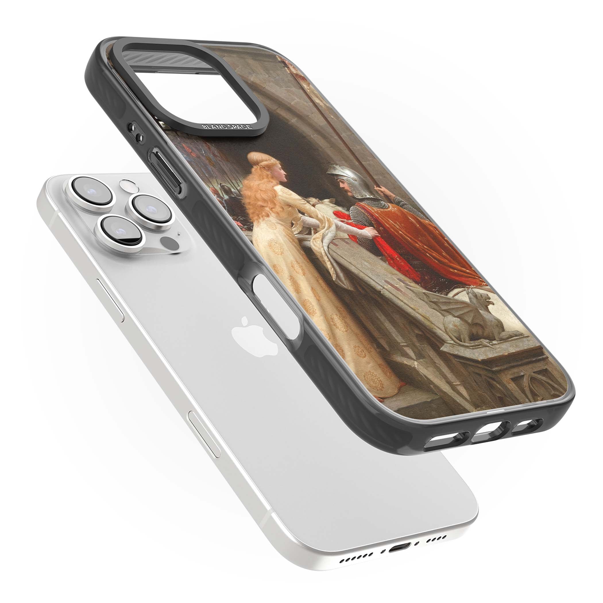God Speed fine art iPhone case featuring Edmund Blair Leighton's medieval knight and lady beneath a stone archway | Black Impact Magsafe case for iPhone 16 Pro, iPhone 16 Pro Max