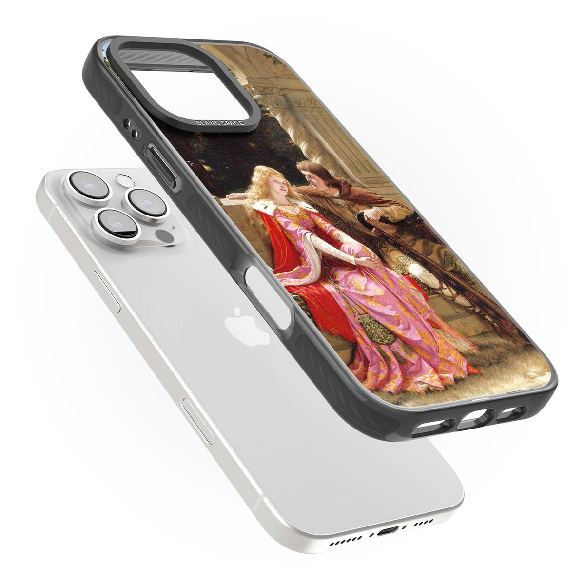 The End of the Song classic art iPhone case featuring a medieval lady in pink gown and her knight in a stone archway | Black Impact Magsafe case for iPhone 16 Pro, iPhone 16 Pro Max