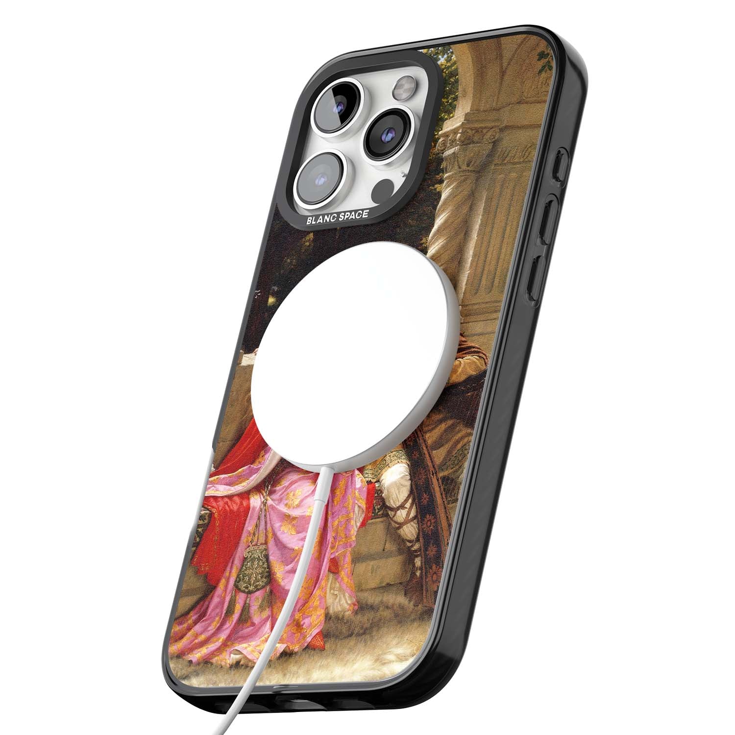 The End of the Song classic art iPhone case featuring a medieval lady in pink gown and her knight in a stone archway | Black Impact Magsafe case for iPhone 16 Pro, iPhone 16 Pro Max