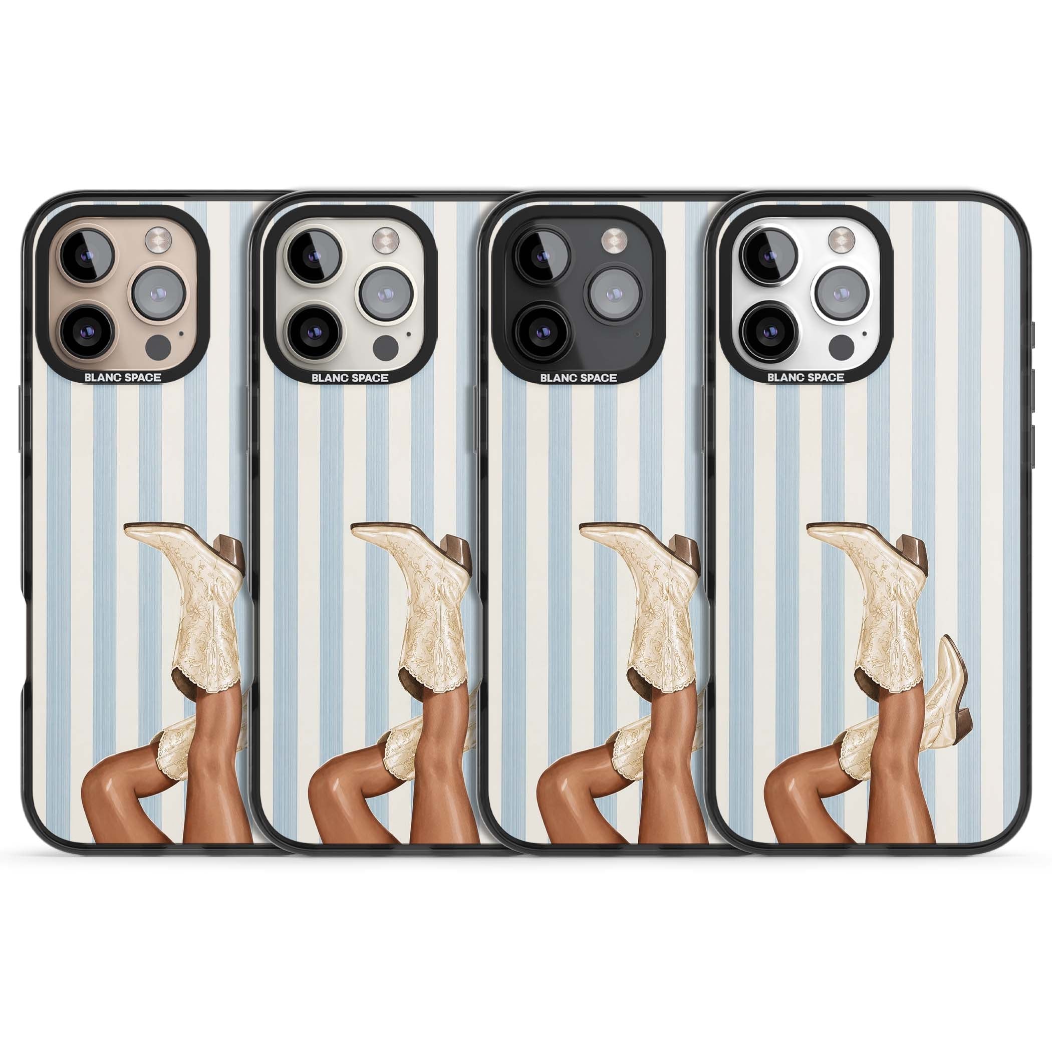 Cowgirl Boots coastal cowgirl iPhone case featuring embroidered western boots, tanned legs and a blue stripe backdrop | Black Impact Magsafe case for iPhone 16 Pro, iPhone 16 Pro Max