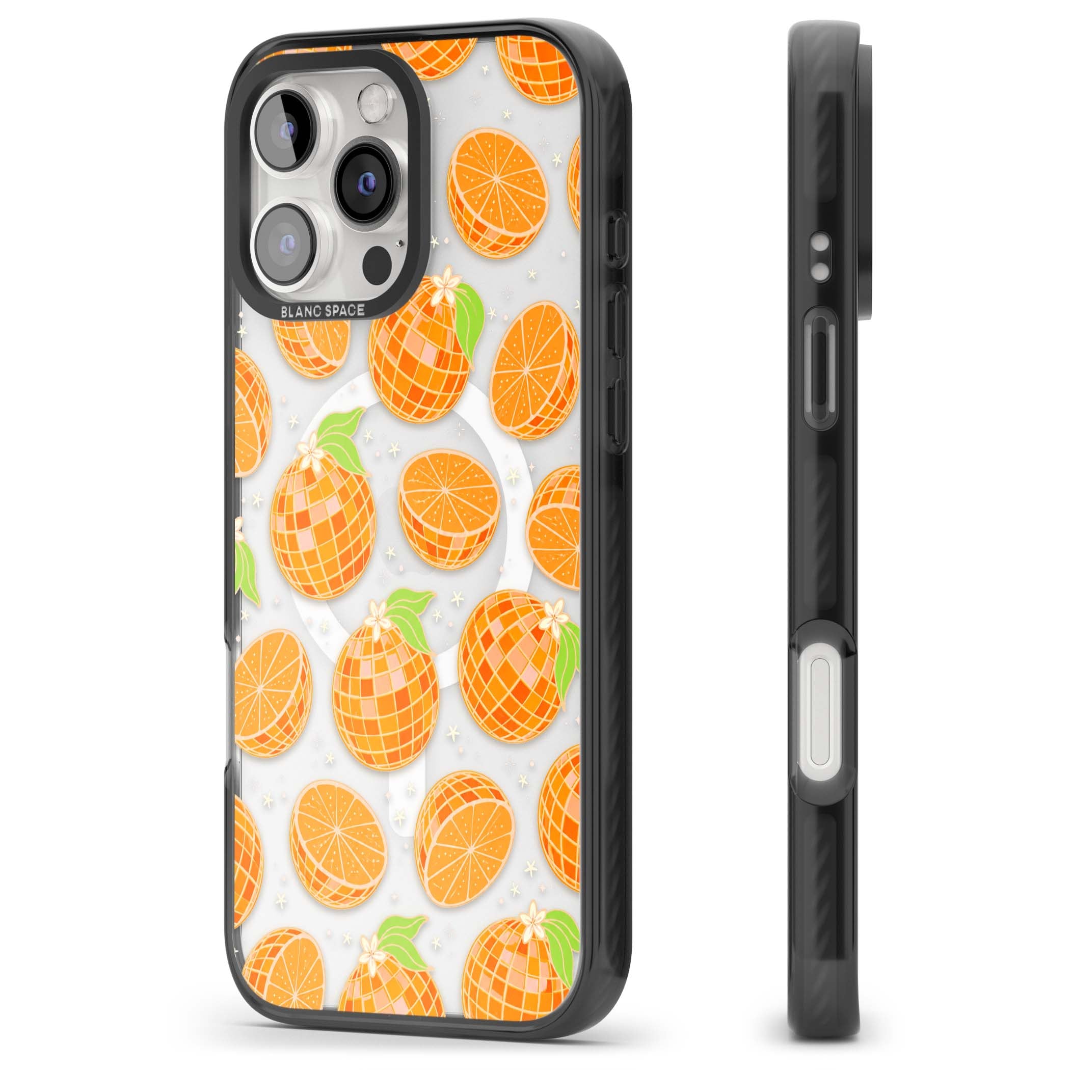 Disco Oranges retro iPhone case featuring mirrorball oranges, citrus slices and tiny blossoms on clear | Black Impact Magsafe case for iPhone 16 Pro, iPhone 16 Pro Max