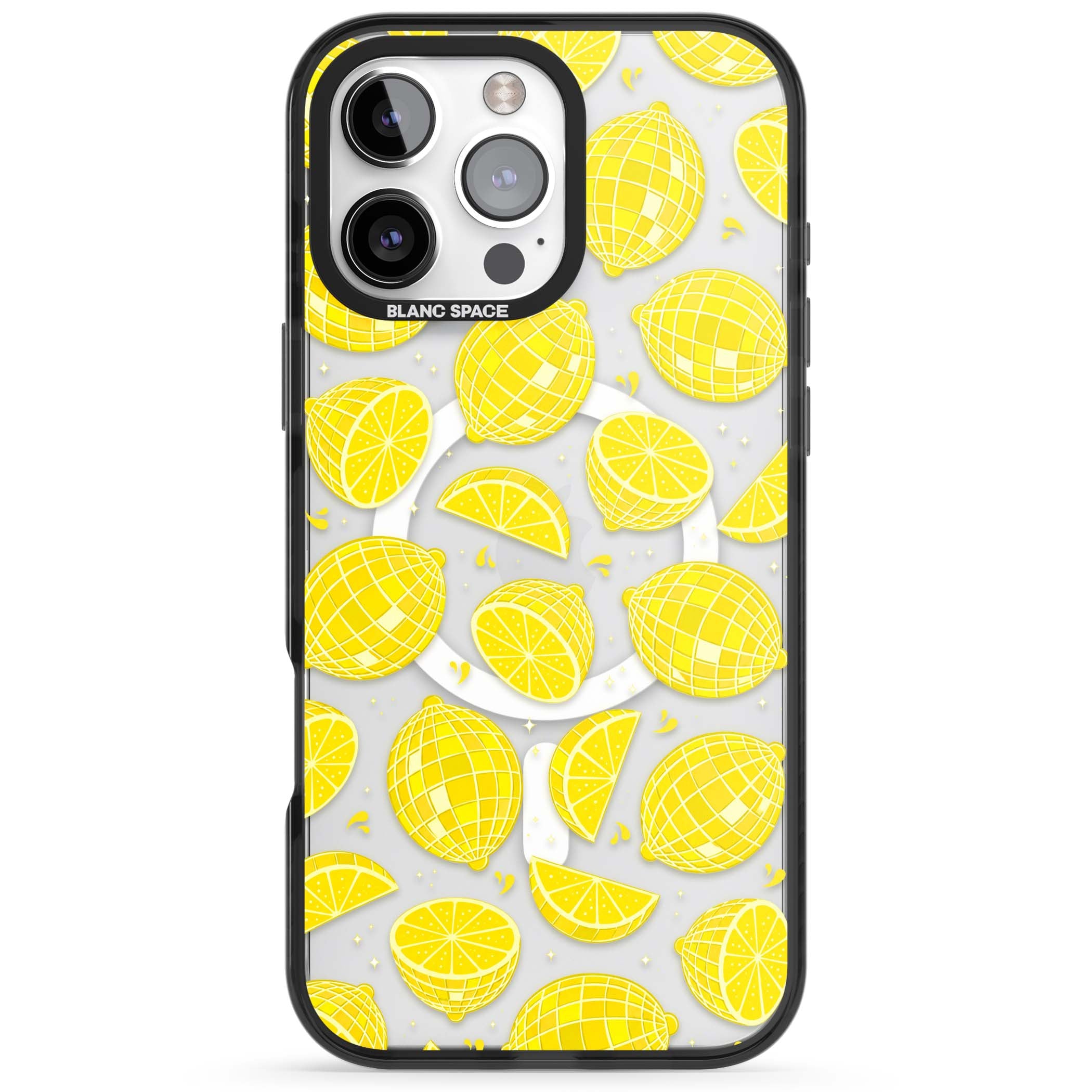 Disco Lemons citrus iPhone case featuring mirrorball lemons, sliced fruit and sparkle accents | Black Impact Magsafe case for iPhone 16 Pro, iPhone 16 Pro Max
