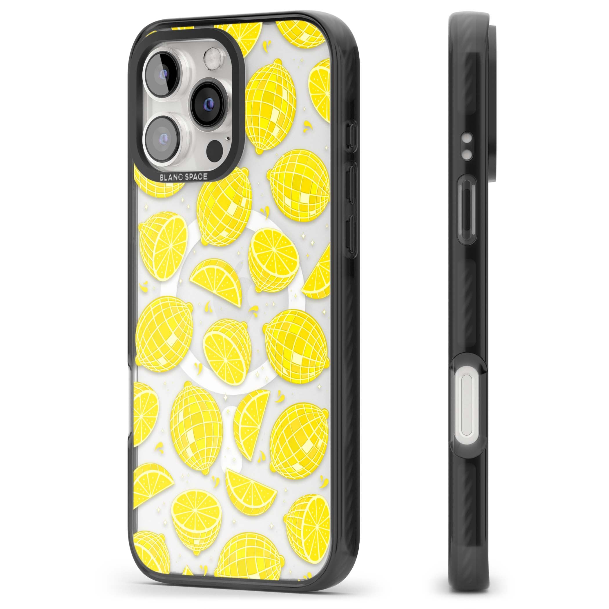 Disco Lemons citrus iPhone case featuring mirrorball lemons, sliced fruit and sparkle accents | Black Impact Magsafe case for iPhone 16 Pro, iPhone 16 Pro Max