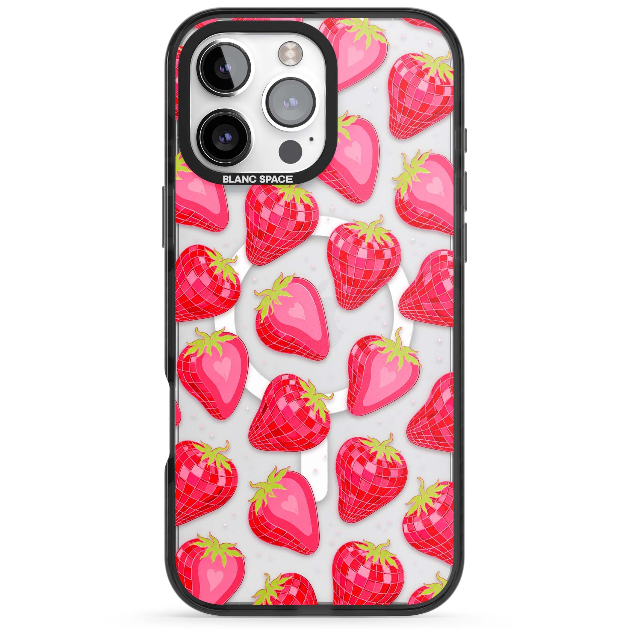 Disco Strawberry Y2K iPhone case featuring pink disco-ball strawberries, green leaves and tiny sparkles | Black Impact Magsafe case for iPhone 16 Pro, iPhone 16 Pro Max