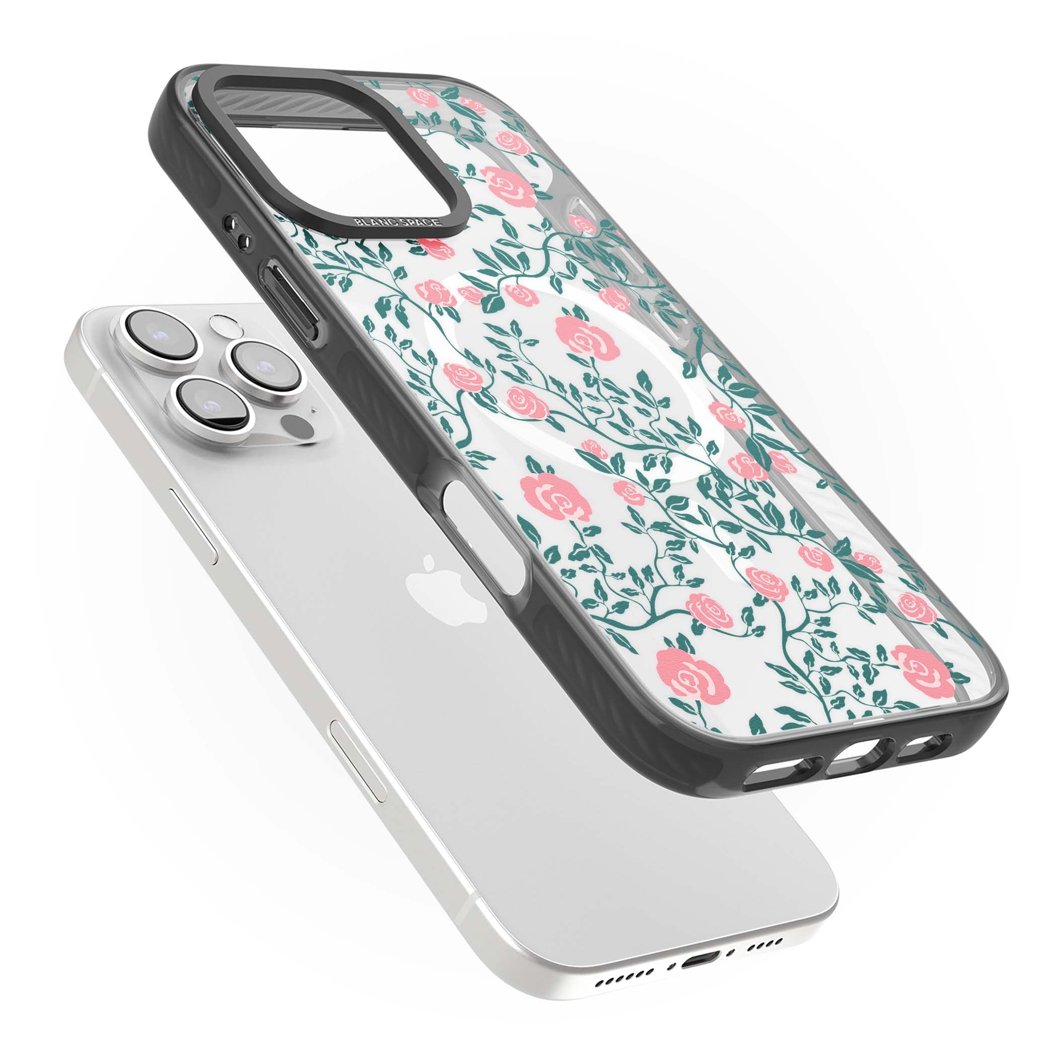 Rose Trellis (Clear) cottagecore iPhone case featuring pink climbing roses and green leaves on clear background | Black Impact Magsafe case for iPhone 16 Pro, iPhone 16 Pro Max