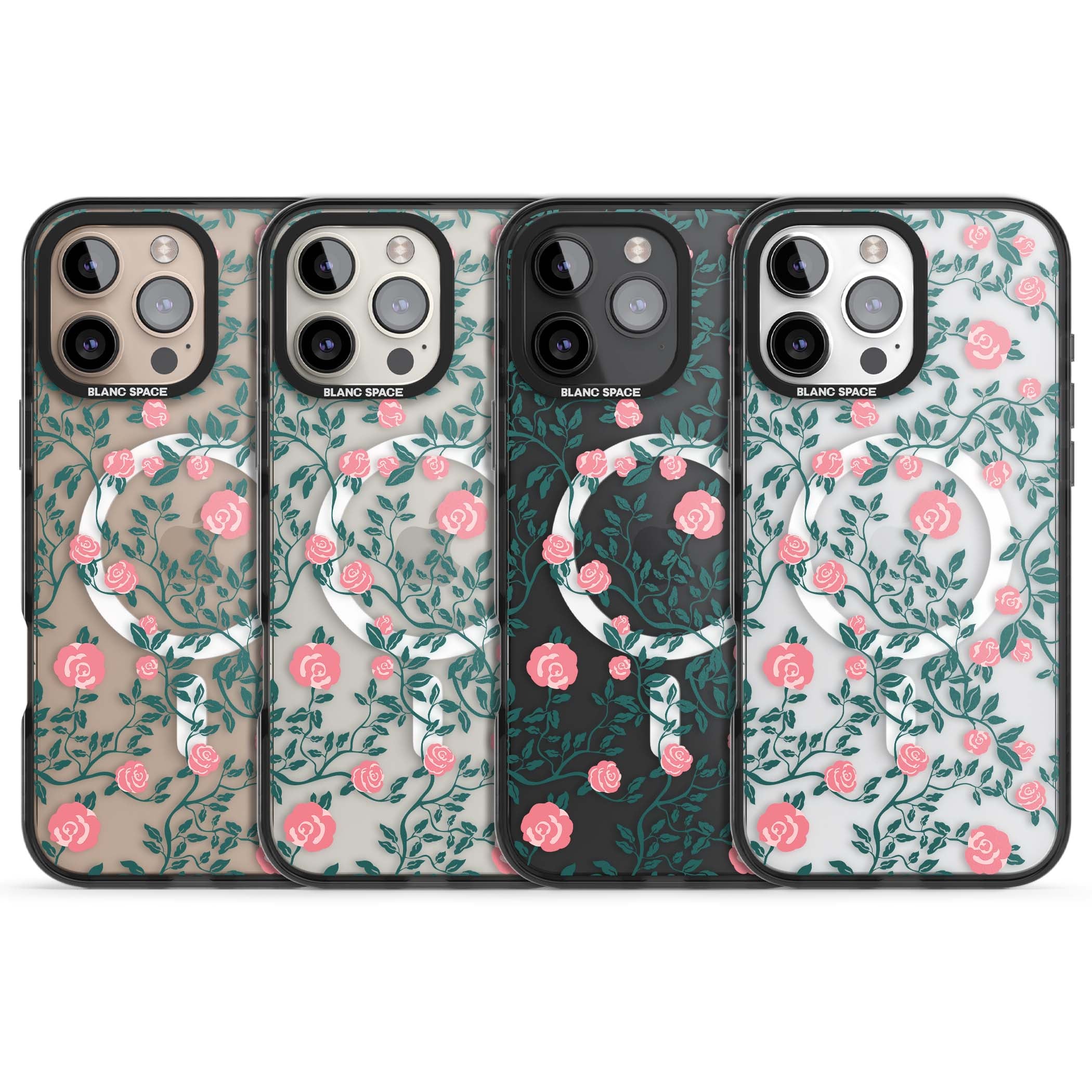 Rose Trellis (Clear) cottagecore iPhone case featuring pink climbing roses and green leaves on clear background | Black Impact Magsafe case for iPhone 16 Pro, iPhone 16 Pro Max