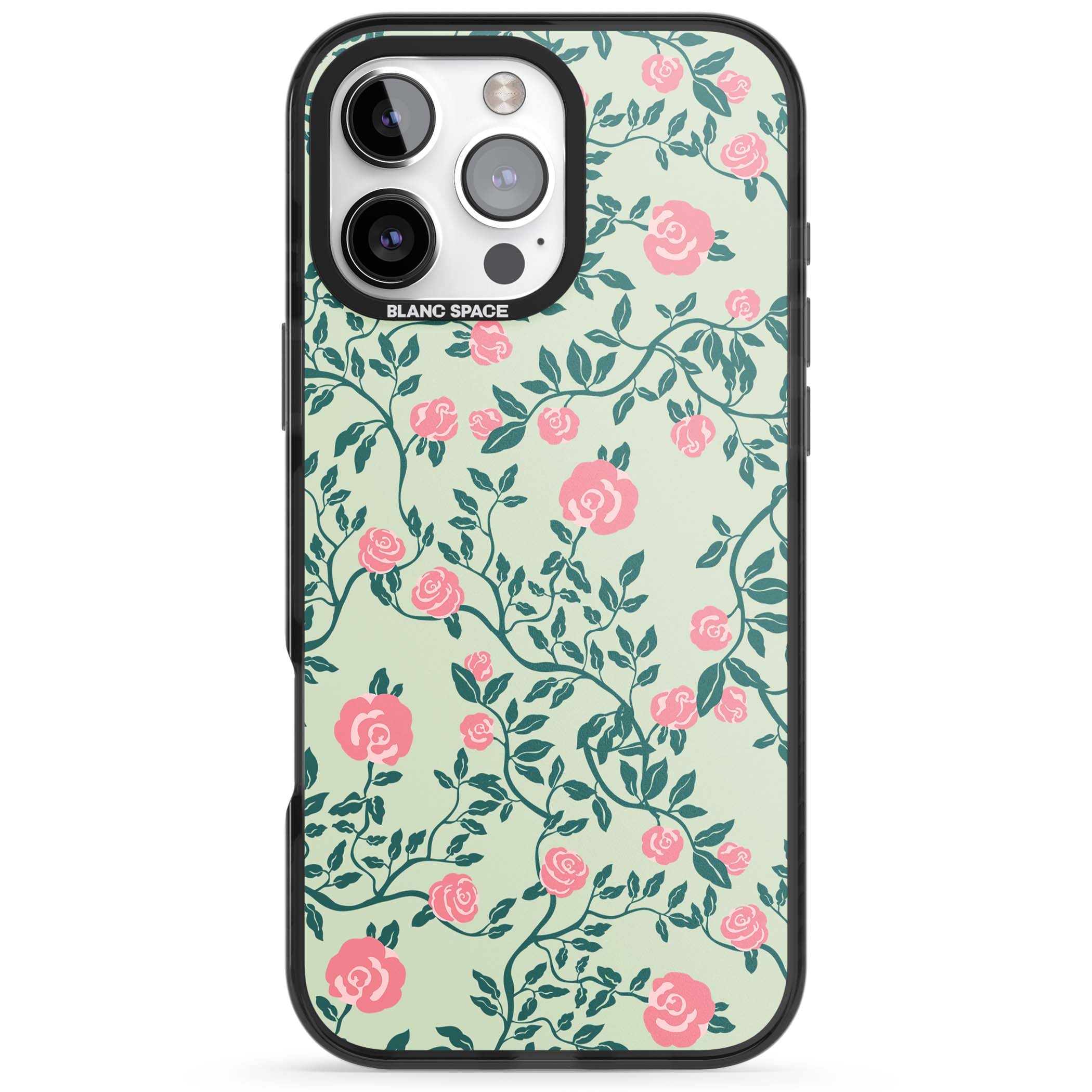 Rose Trellis cottagecore iPhone case featuring pink roses, sage green vines, and mint background | Black Impact Magsafe case for iPhone 16 Pro, iPhone 16 Pro Max