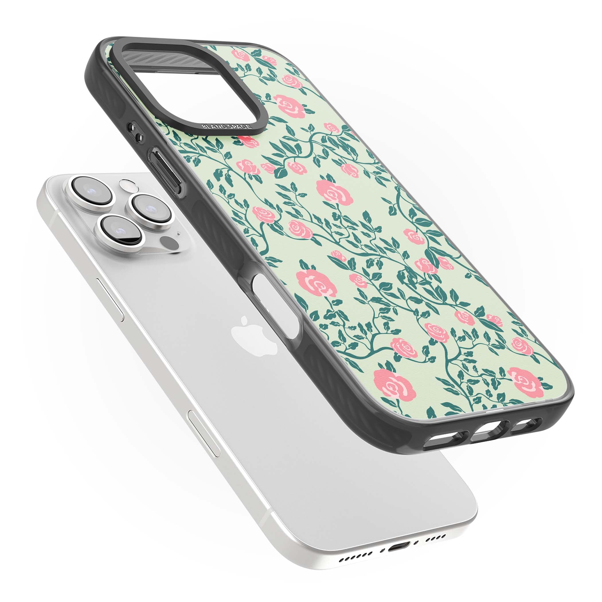 Rose Trellis cottagecore iPhone case featuring pink roses, sage green vines, and mint background | Black Impact Magsafe case for iPhone 16 Pro, iPhone 16 Pro Max