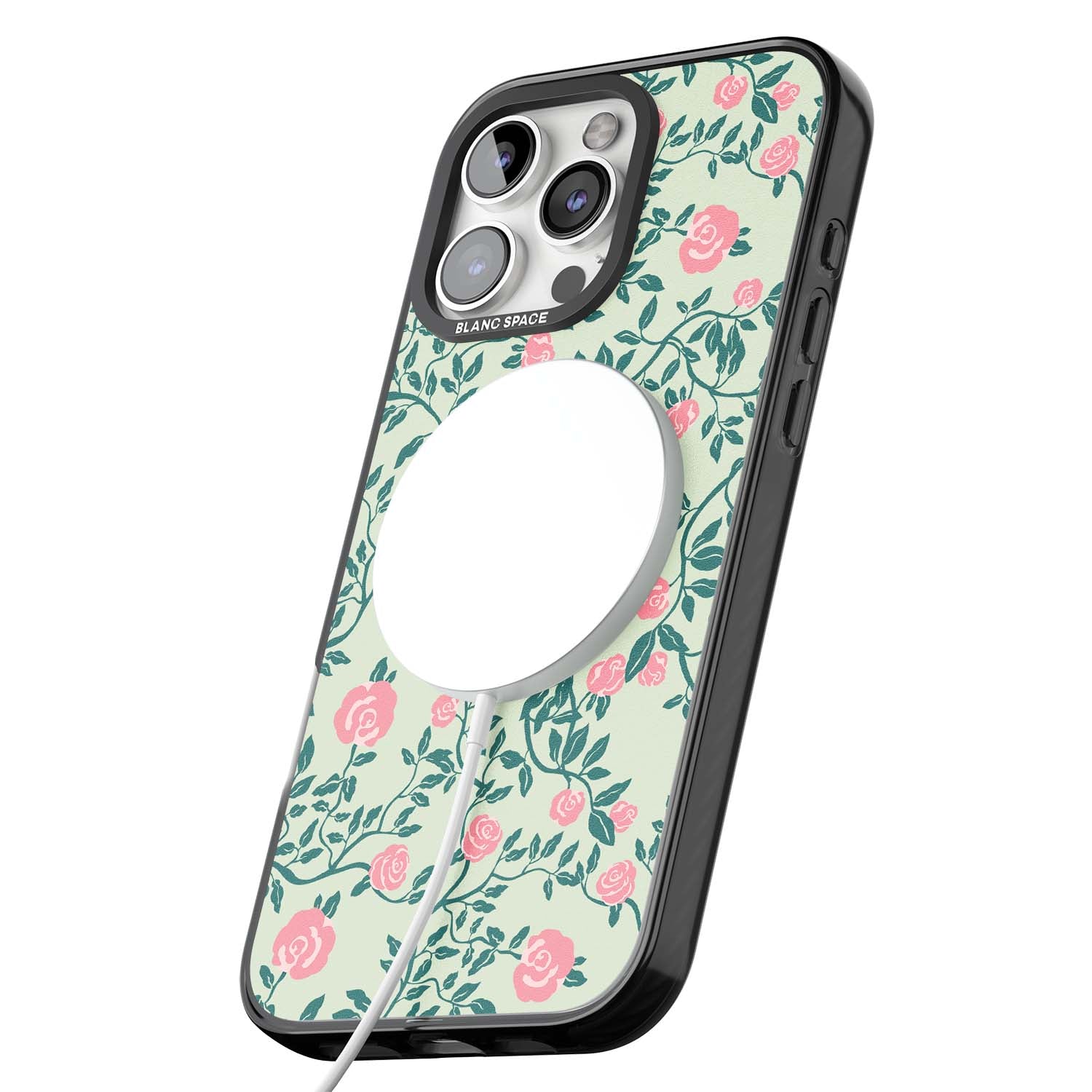 Rose Trellis cottagecore iPhone case featuring pink roses, sage green vines, and mint background | Black Impact Magsafe case for iPhone 16 Pro, iPhone 16 Pro Max