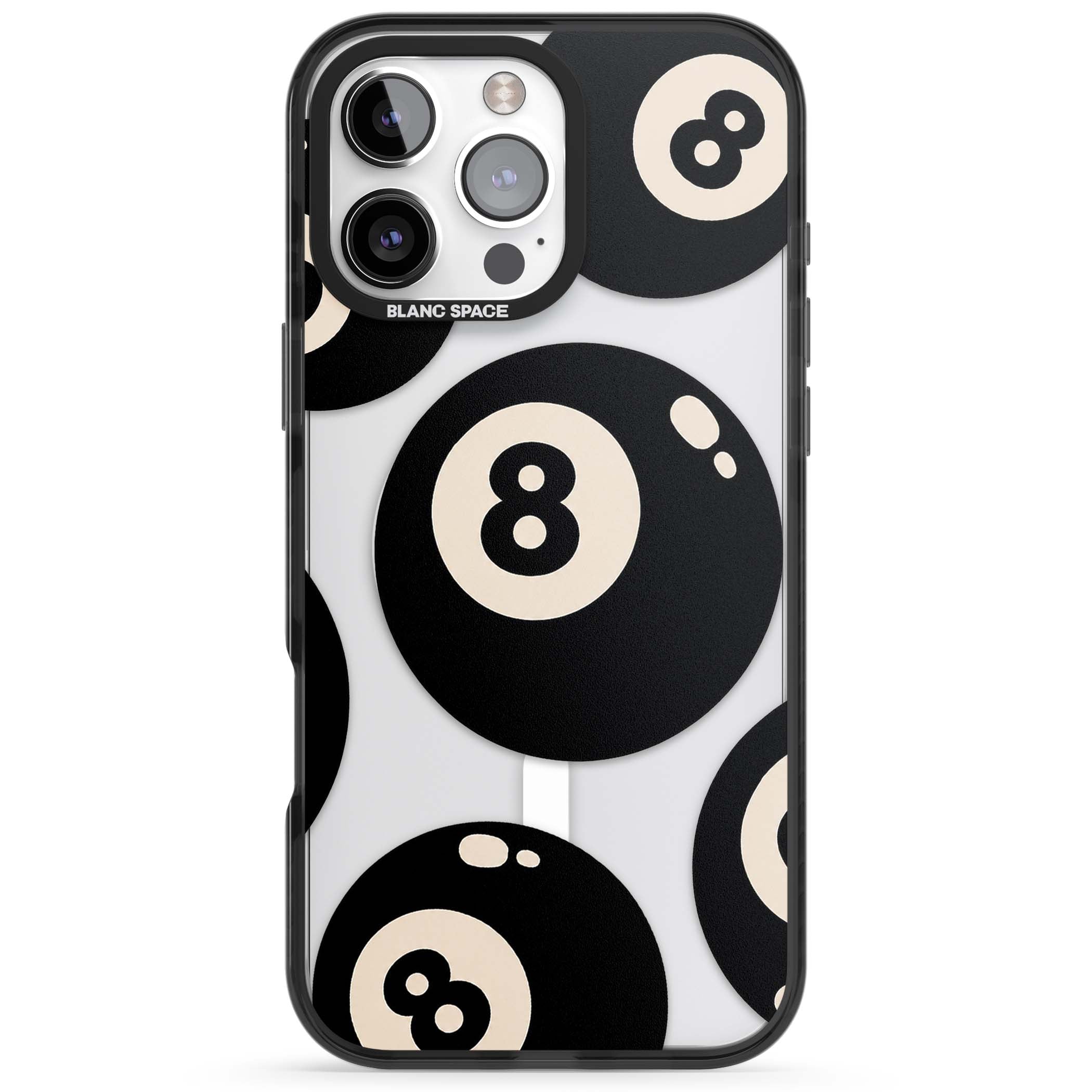 Eights y2k iPhone case featuring scattered black 8 balls with cream highlights on a clear background | Black Impact Magsafe case for iPhone 16 Pro, iPhone 16 Pro Max