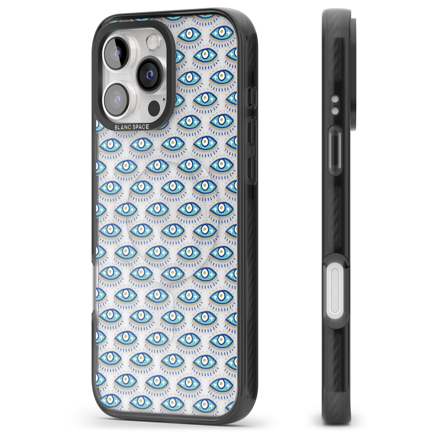 iPhone 16 Pro Max Eyes & Crosses (Clear) Psychedelic Eyes Pattern Black Impact Phone Case