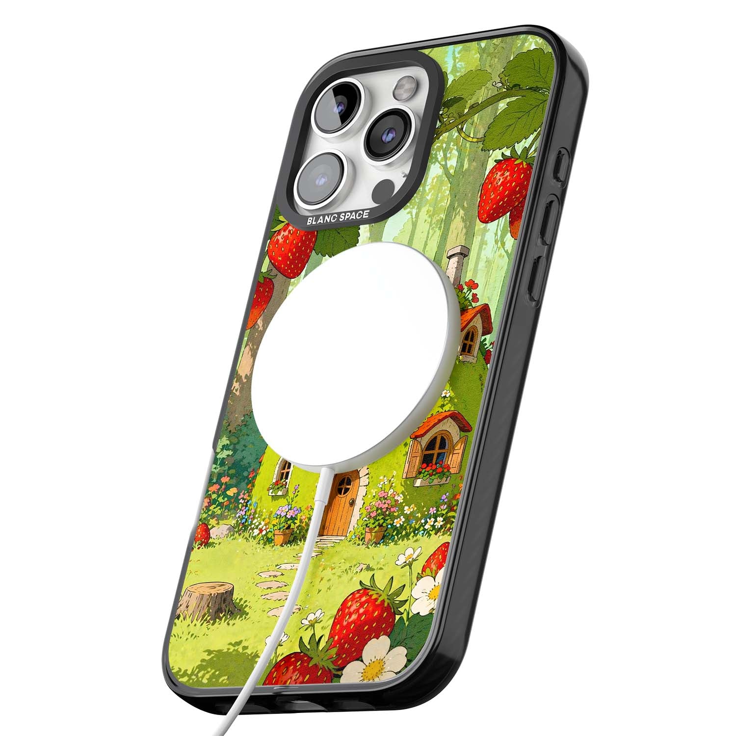 Strawberry Cottage cottagecore iPhone case featuring a green fairy house, wild strawberries and enchanted forest flowers | Black Impact Magsafe case for iPhone 16 Pro, iPhone 16 Pro Max