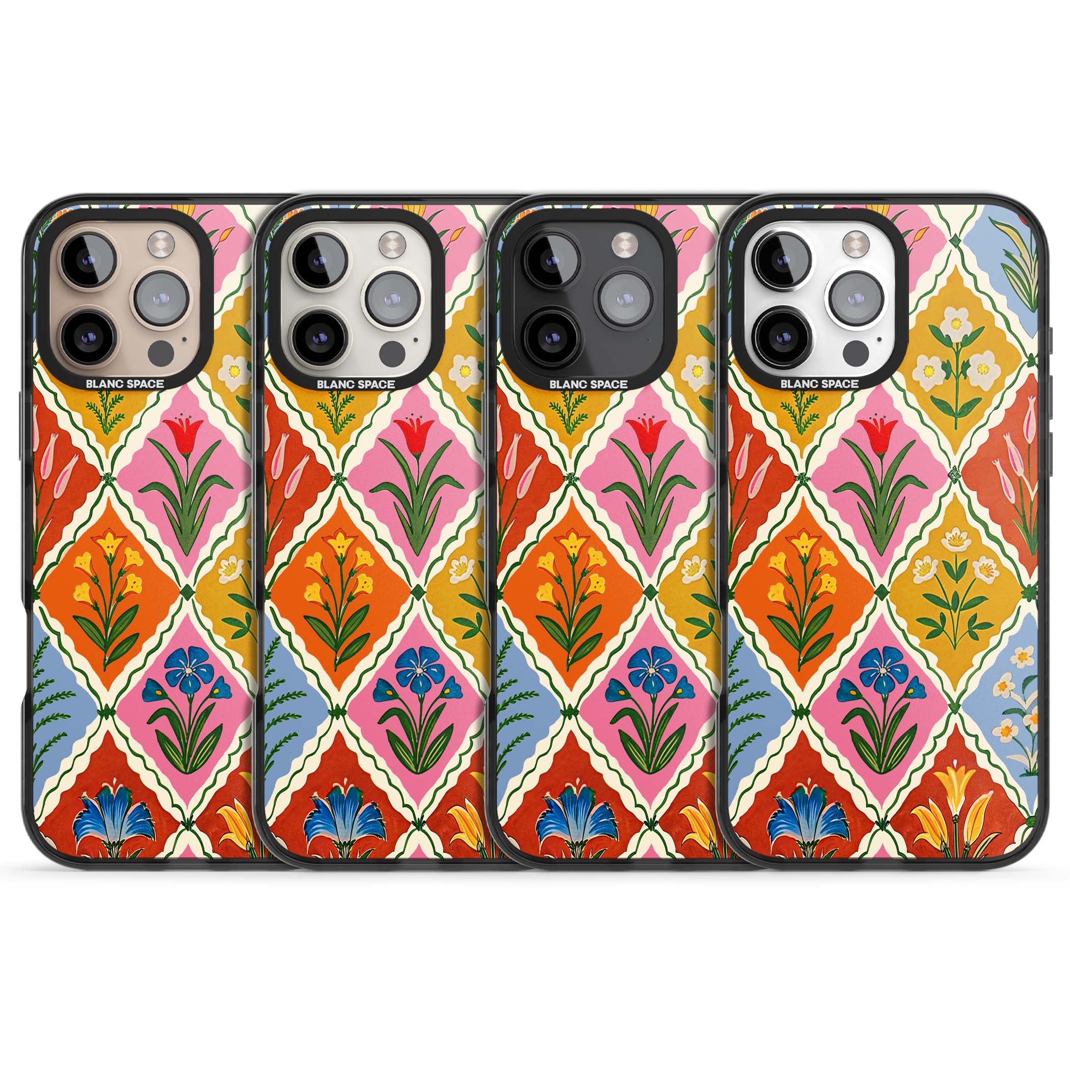 Floral Quilt boho floral iPhone case featuring diamond lattice pattern, hand-painted tulips and folk art wildflowers | Black Impact Magsafe case for iPhone 16 Pro, iPhone 16 Pro Max