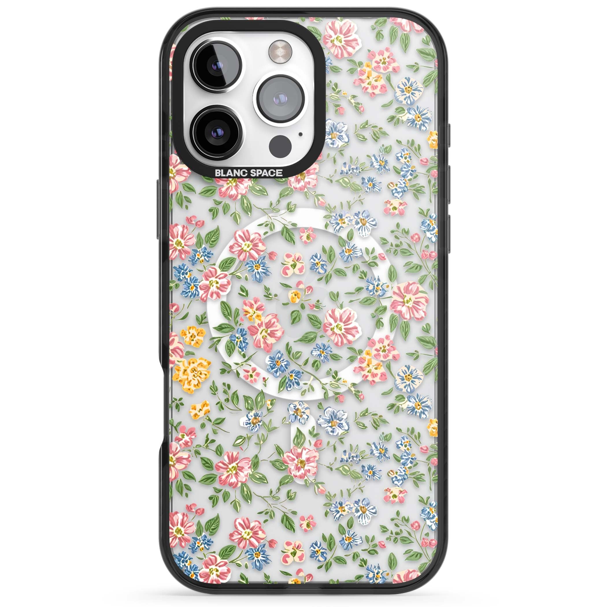 Soft Meadow cottagecore iPhone case featuring pink cosmos, blue forget-me-nots, yellow buttercups and green leaves sca | Black Impact Magsafe case for iPhone 16 Pro, iPhone 16 Pro Max