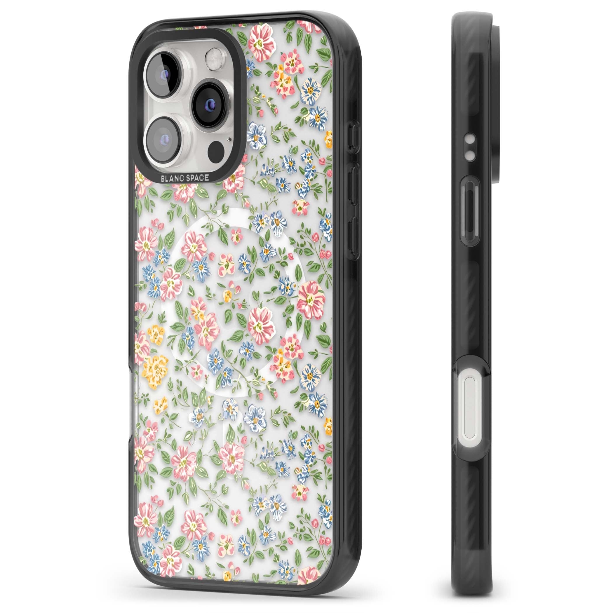 Soft Meadow cottagecore iPhone case featuring pink cosmos, blue forget-me-nots, yellow buttercups and green leaves sca | Black Impact Magsafe case for iPhone 16 Pro, iPhone 16 Pro Max