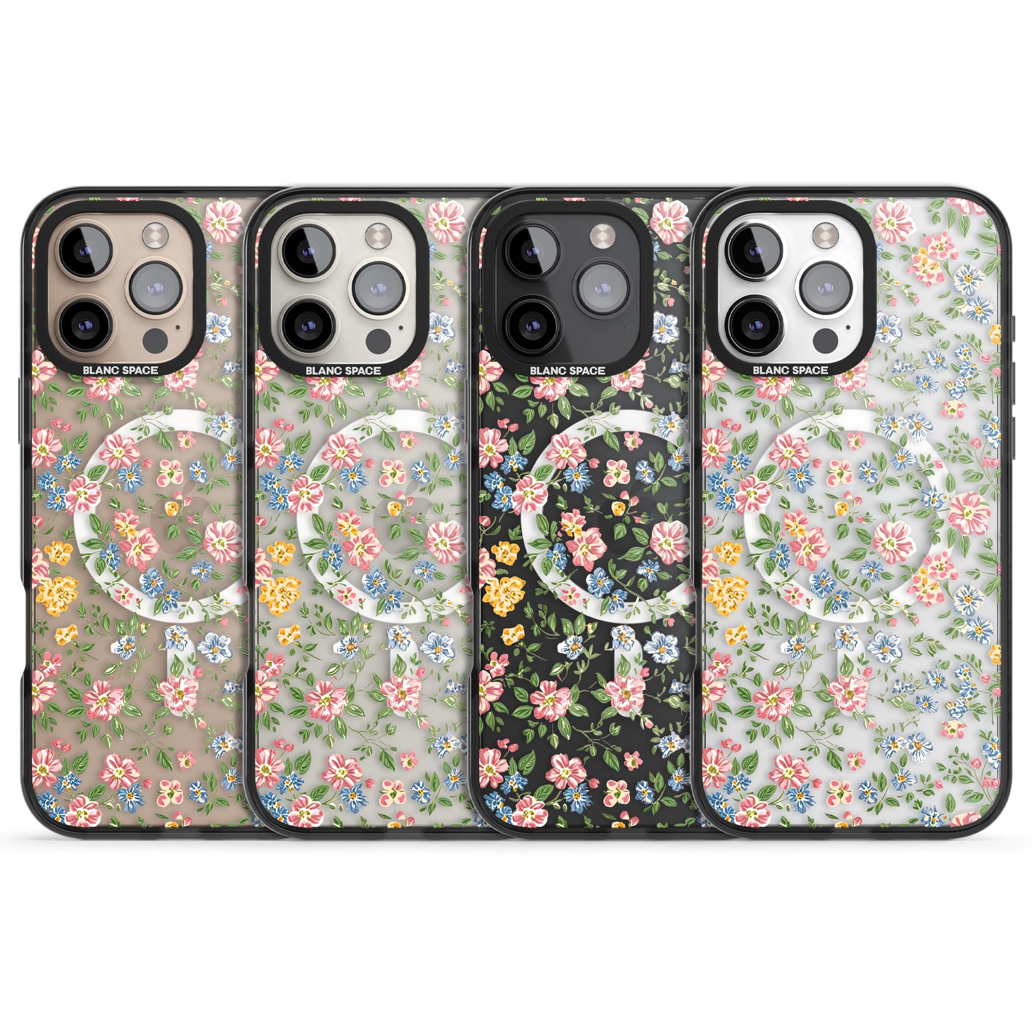 Soft Meadow cottagecore iPhone case featuring pink cosmos, blue forget-me-nots, yellow buttercups and green leaves sca | Black Impact Magsafe case for iPhone 16 Pro, iPhone 16 Pro Max