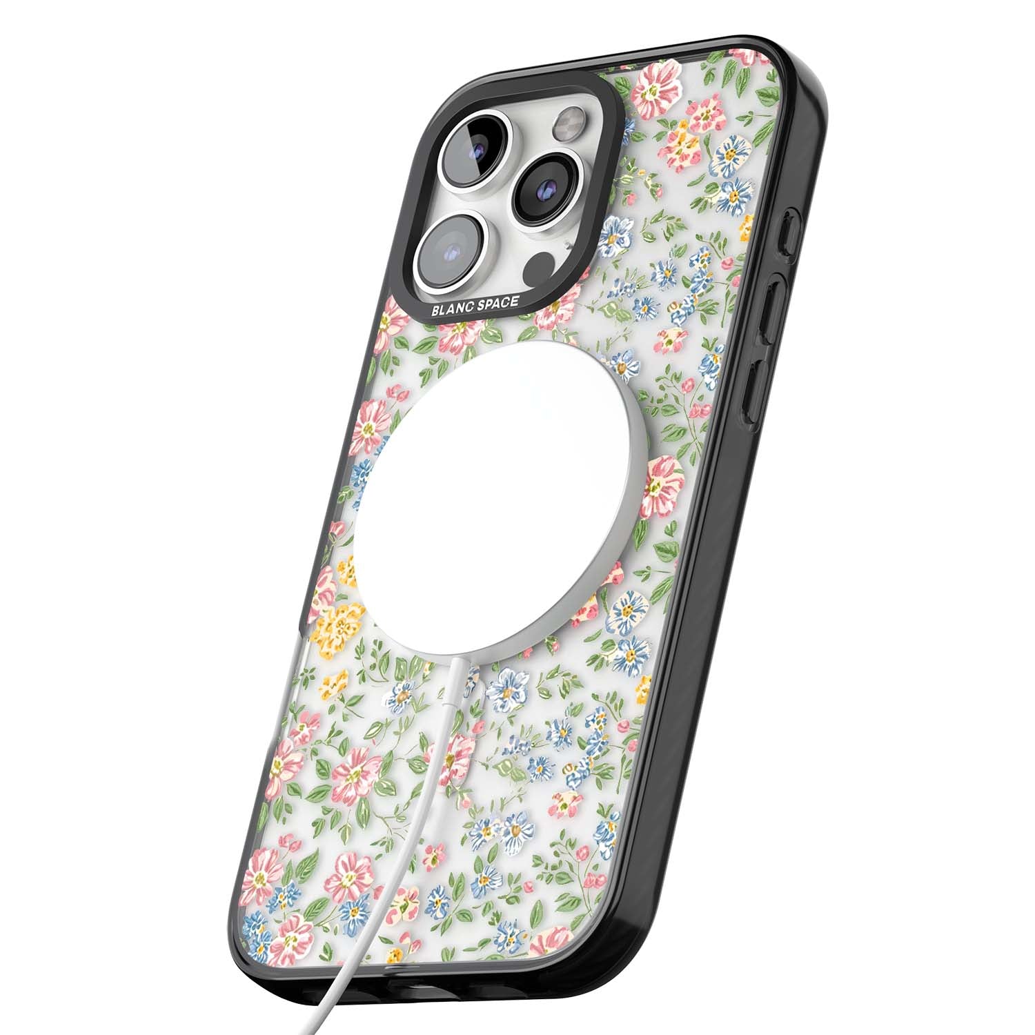 Soft Meadow cottagecore iPhone case featuring pink cosmos, blue forget-me-nots, yellow buttercups and green leaves sca | Black Impact Magsafe case for iPhone 16 Pro, iPhone 16 Pro Max