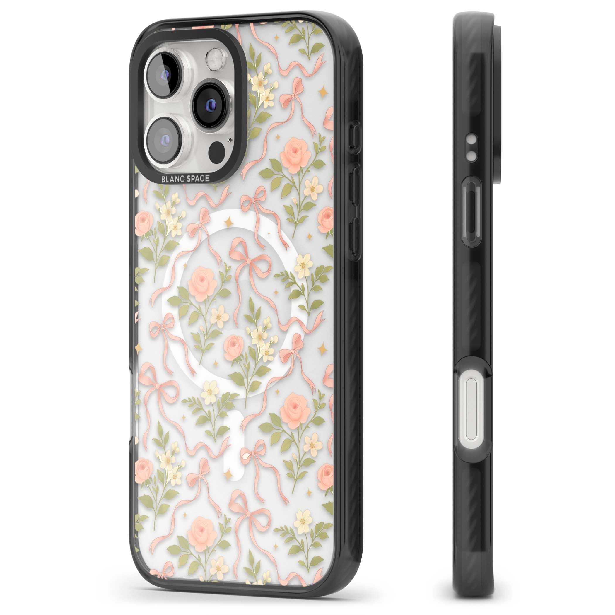 Ribbon Garden coquette iPhone case featuring pink bows, peach roses and wildflowers on white background | Black Impact Magsafe case for iPhone 16 Pro, iPhone 16 Pro Max