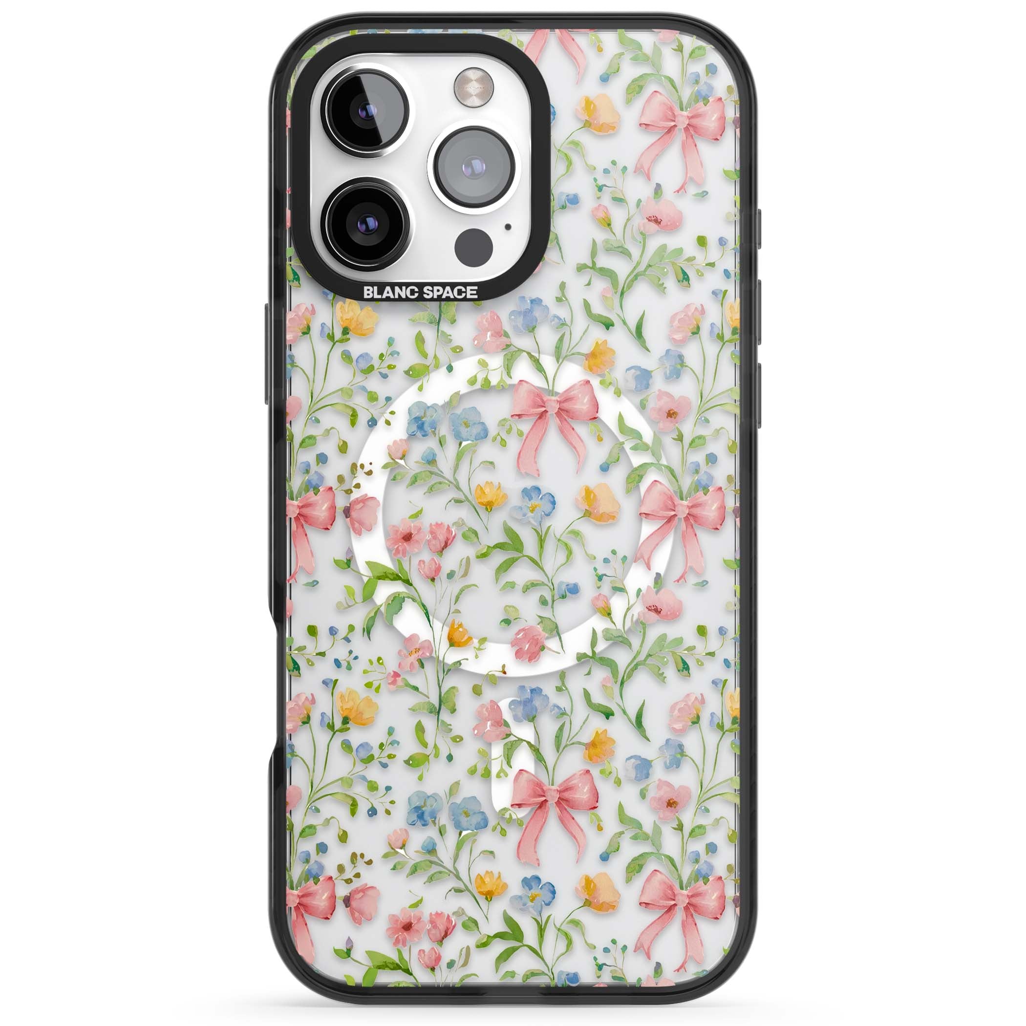 Ribbons & Wildflowers cottagecore iPhone case featuring watercolor wildflowers, pink satin bows, and delicate spring blooms o | Black Impact Magsafe case for iPhone 16 Pro, iPhone 16 Pro Max