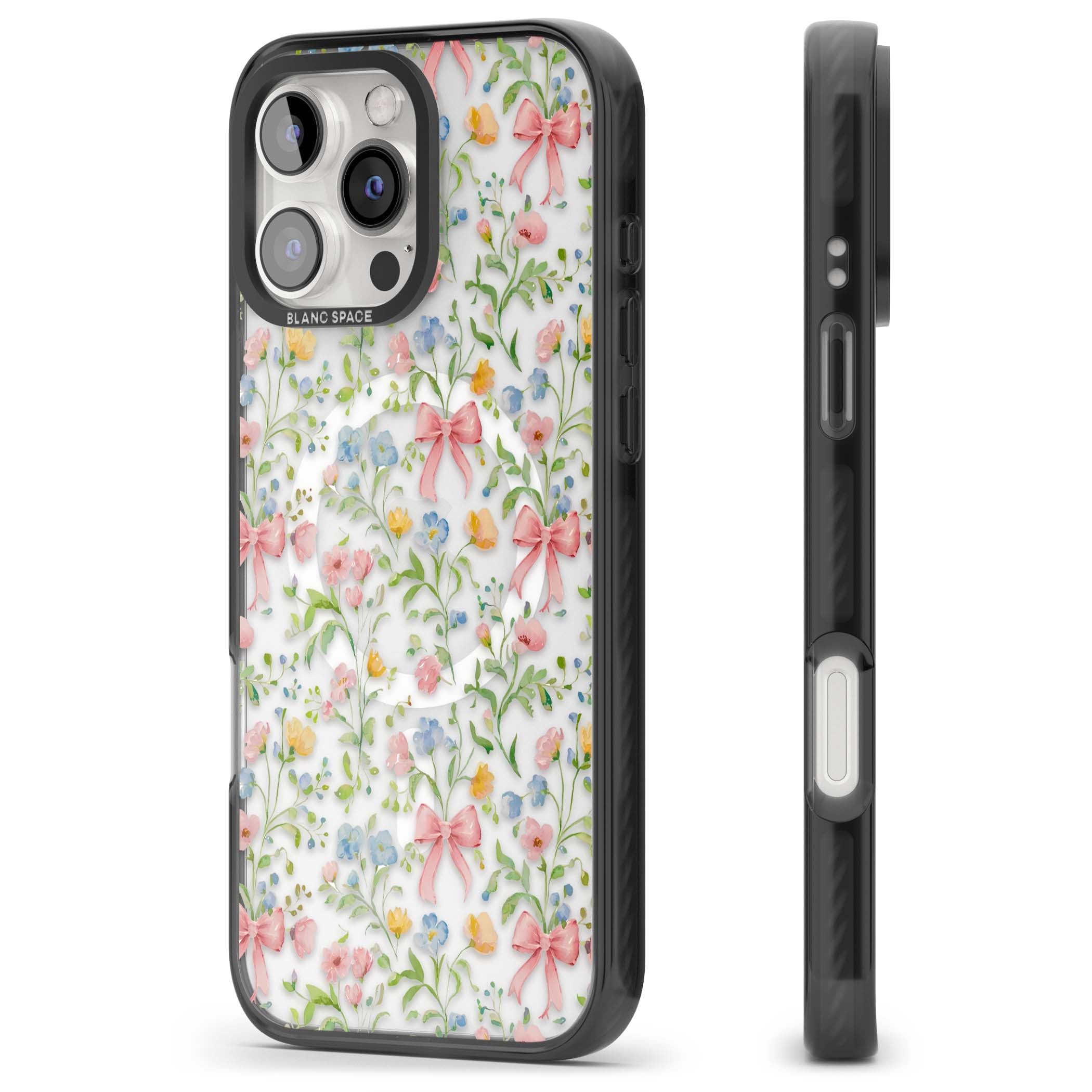 Ribbons & Wildflowers cottagecore iPhone case featuring watercolor wildflowers, pink satin bows, and delicate spring blooms o | Black Impact Magsafe case for iPhone 16 Pro, iPhone 16 Pro Max
