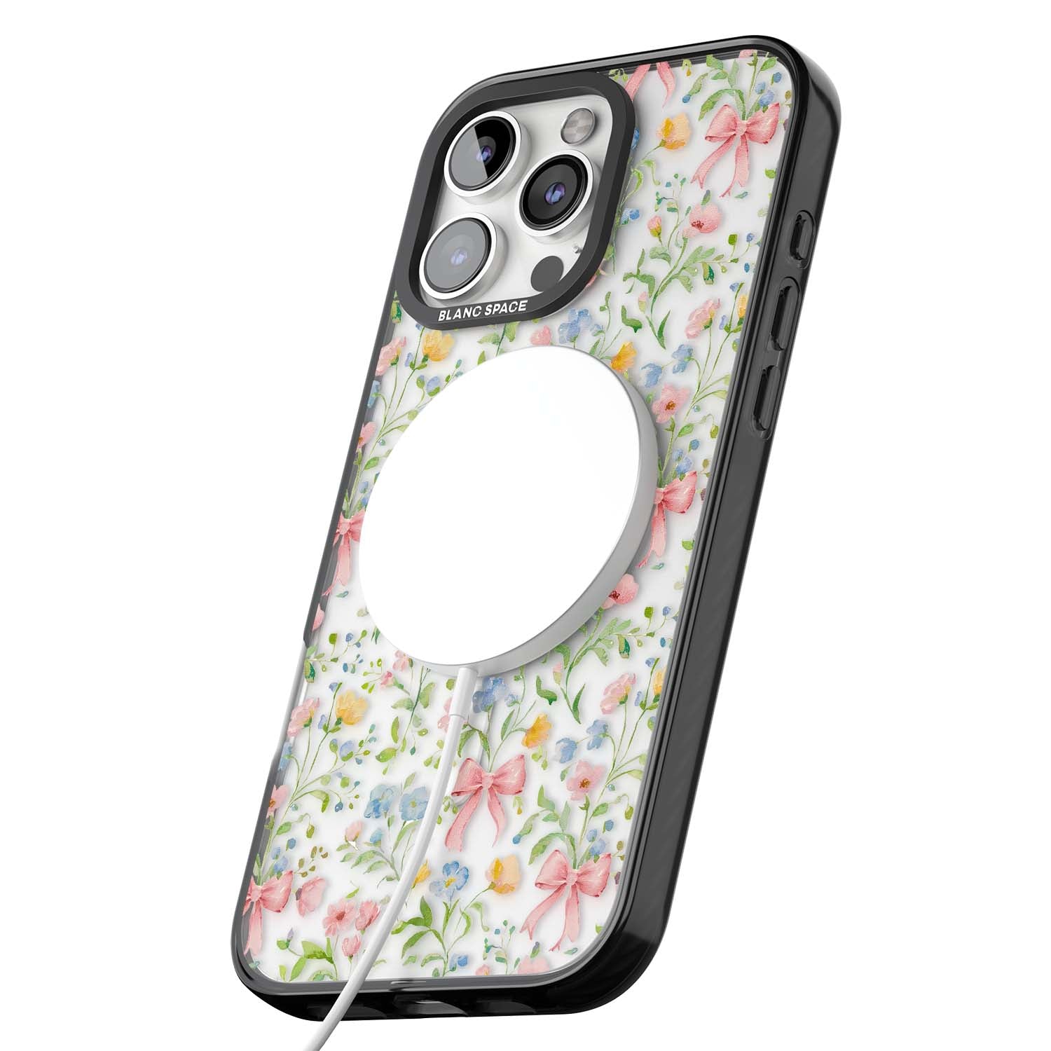 Ribbons & Wildflowers cottagecore iPhone case featuring watercolor wildflowers, pink satin bows, and delicate spring blooms o | Black Impact Magsafe case for iPhone 16 Pro, iPhone 16 Pro Max