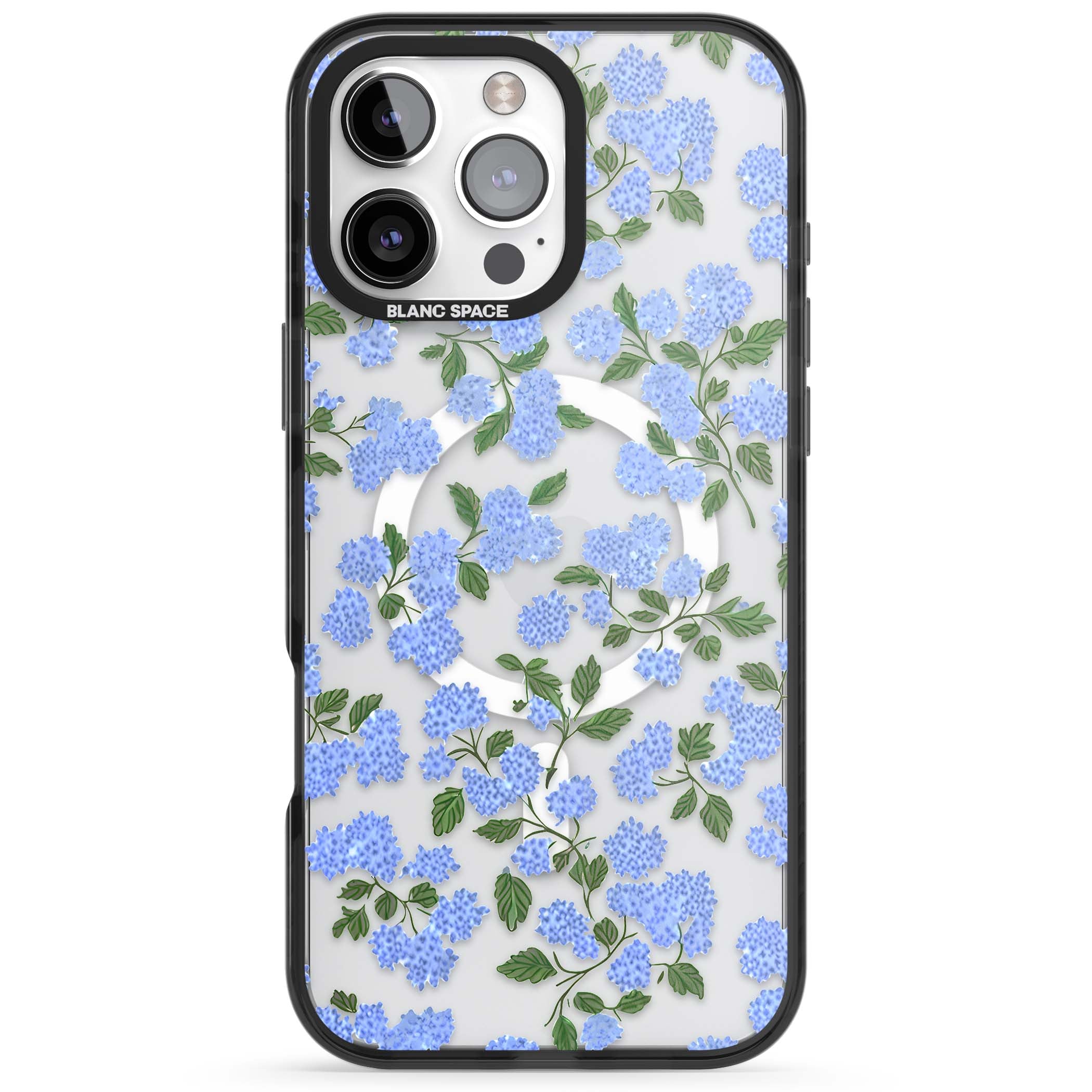 Hydrangea Dreams cottagecore iPhone case featuring soft blue hydrangea flower clusters and green leaves | Black Impact Magsafe case for iPhone 16 Pro, iPhone 16 Pro Max