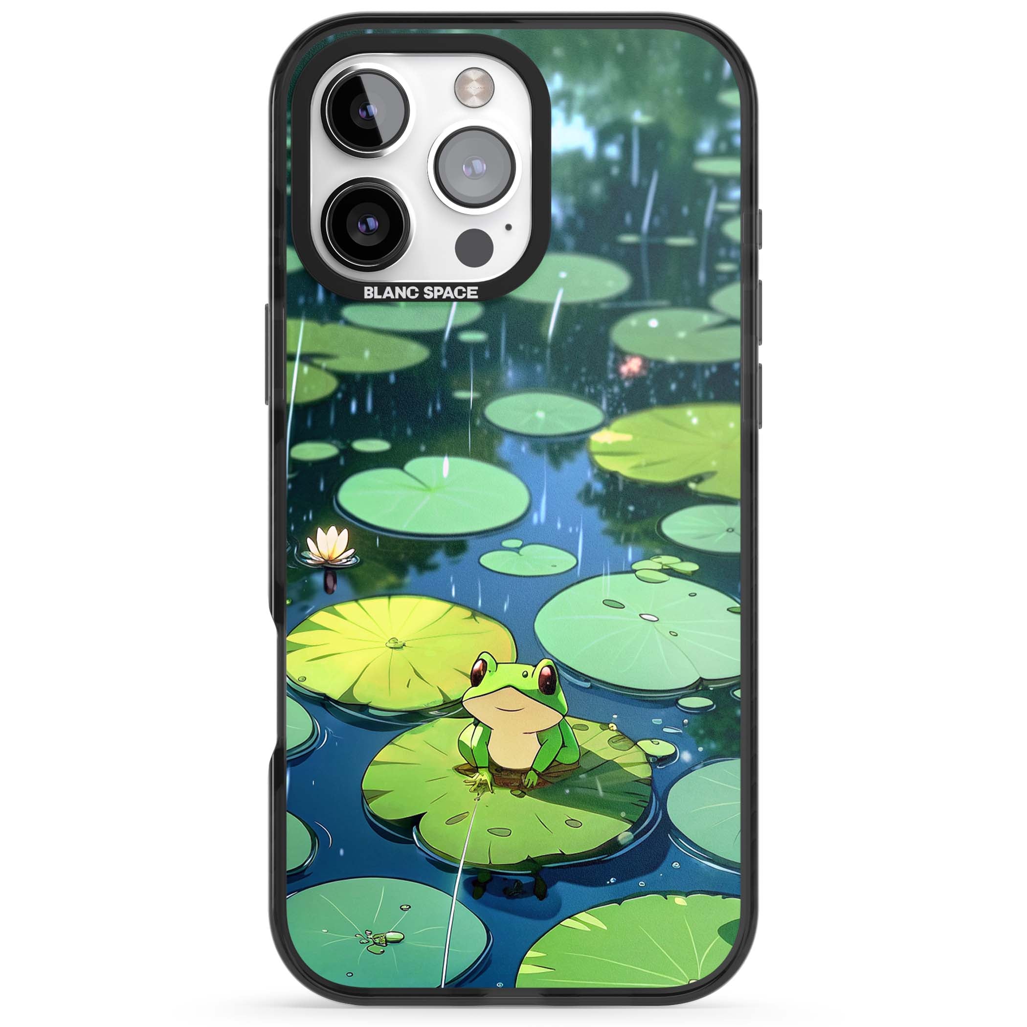 Frog In Lily Pond cottagecore iPhone case featuring a cute green frog on a lily pad with falling rain and a lotus flower | Black Impact Magsafe case for iPhone 16 Pro, iPhone 16 Pro Max